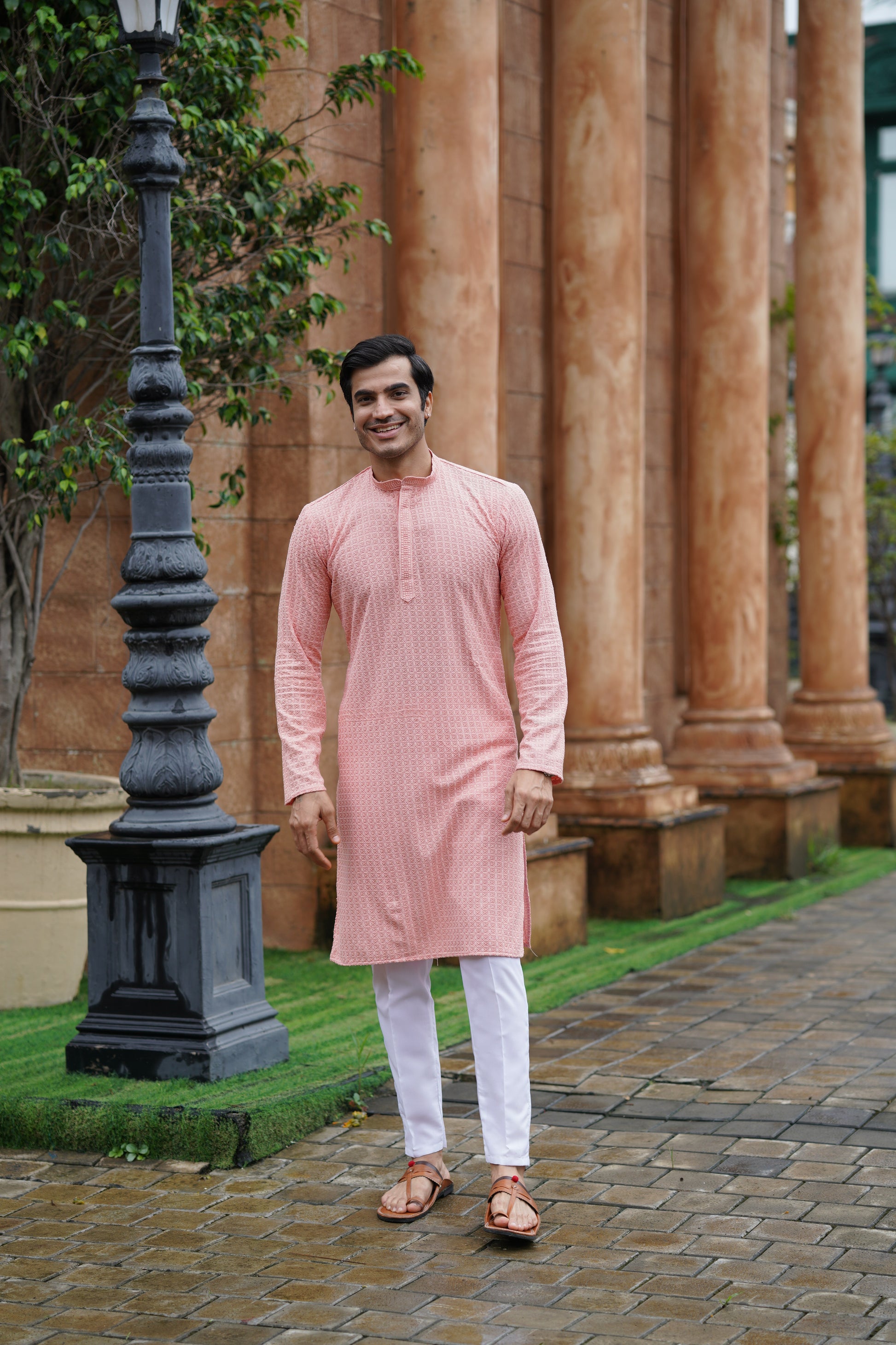 Men’s Peach Chikankari Threadwork and Sequins Kurta