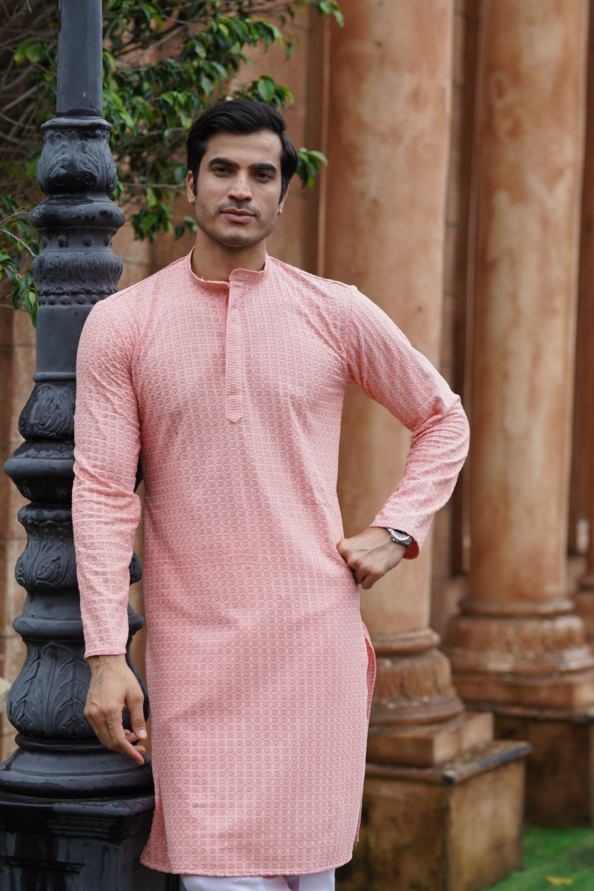 Men’s Peach Chikankari Threadwork and Sequins Kurta