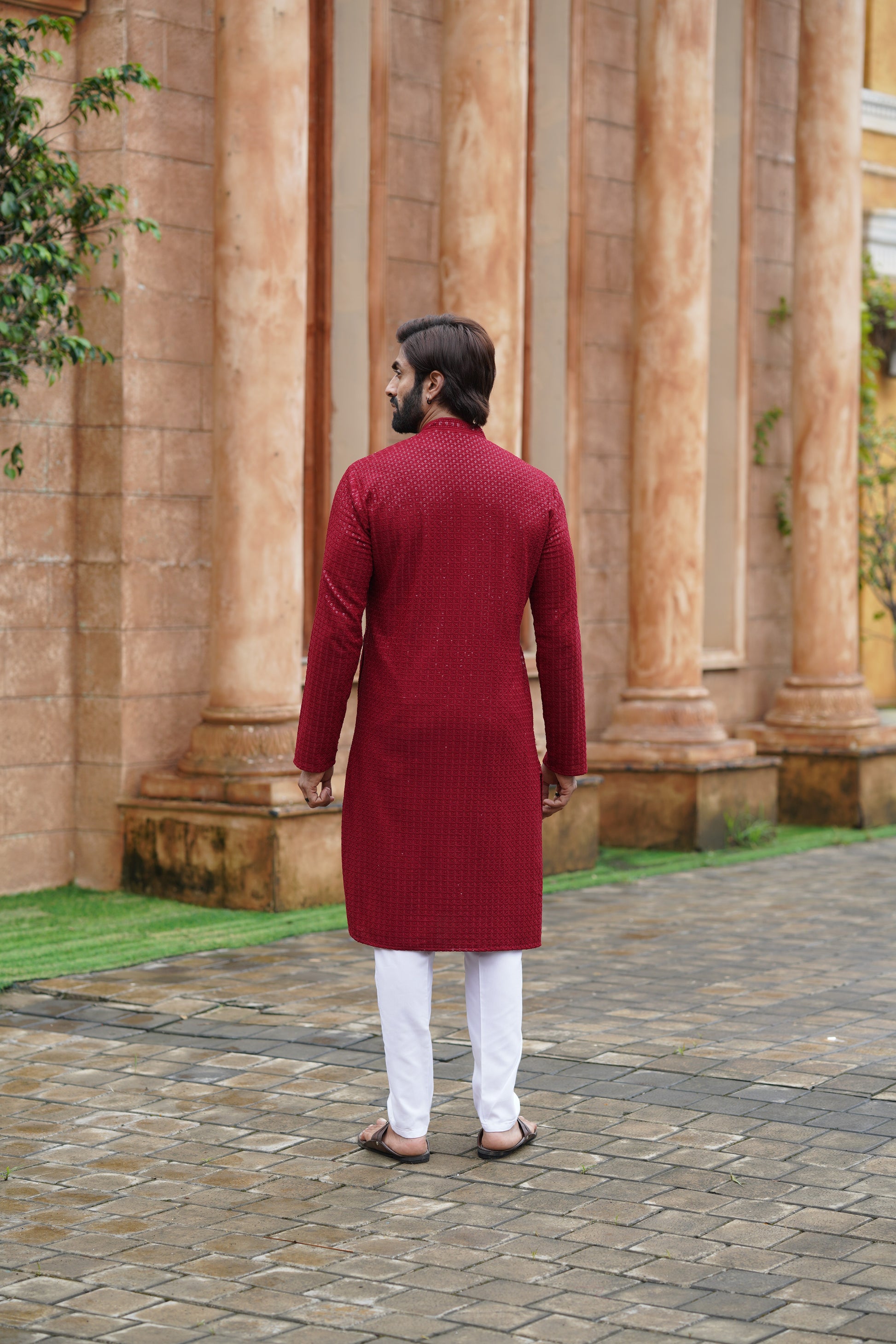 Men’s Maroon Chikankari Threadwork and Sequins Kurta