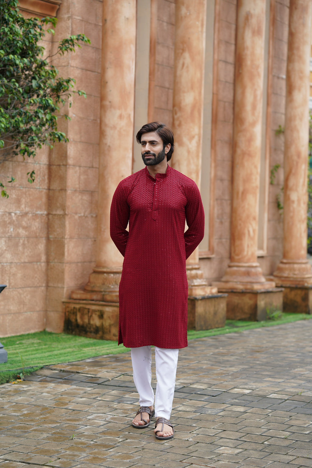 Men’s Maroon Chikankari Threadwork and Sequins Kurta