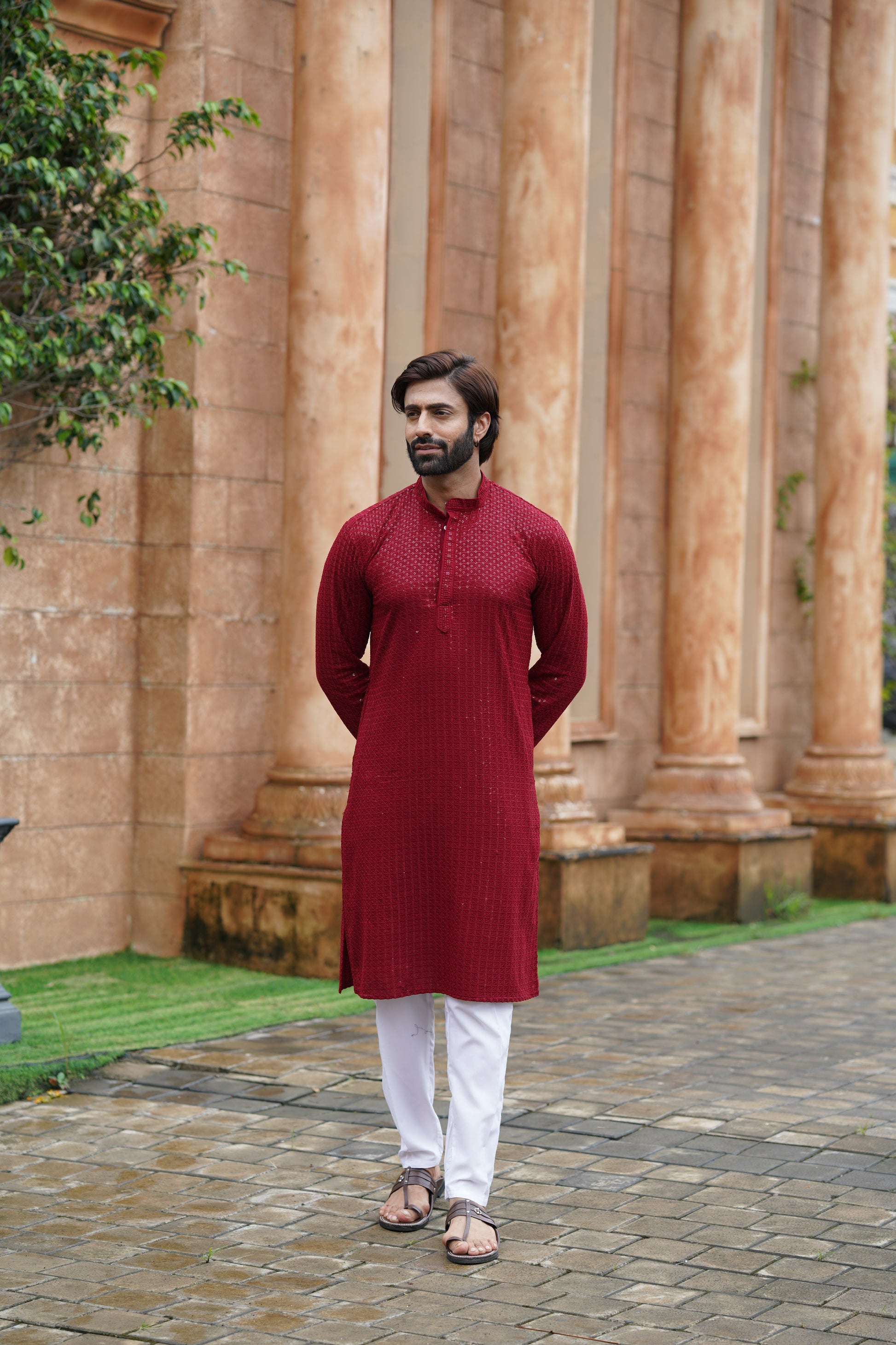 Men’s Maroon Chikankari Threadwork and Sequins Kurta