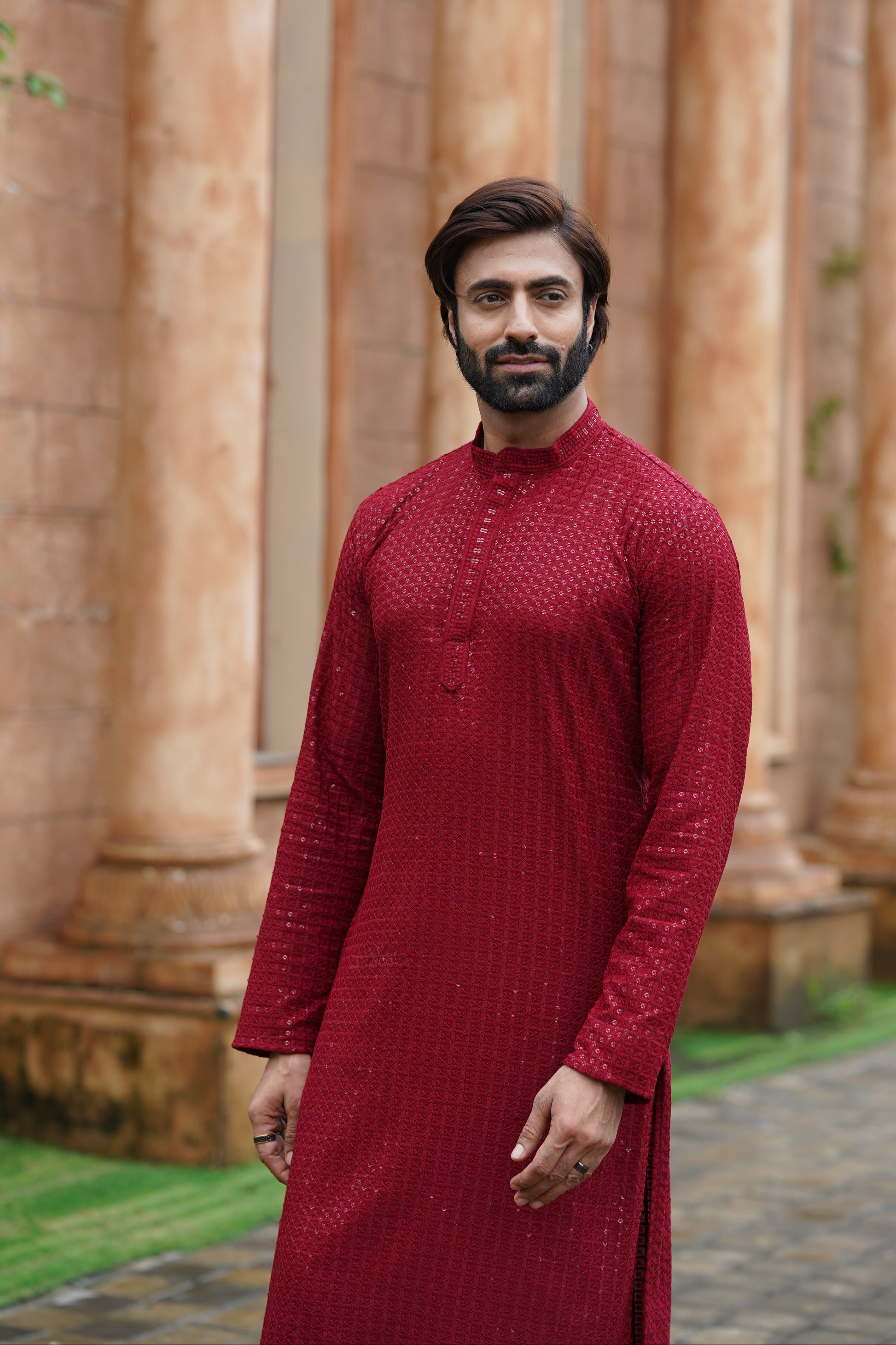 Men’s Maroon Chikankari Threadwork and Sequins Kurta