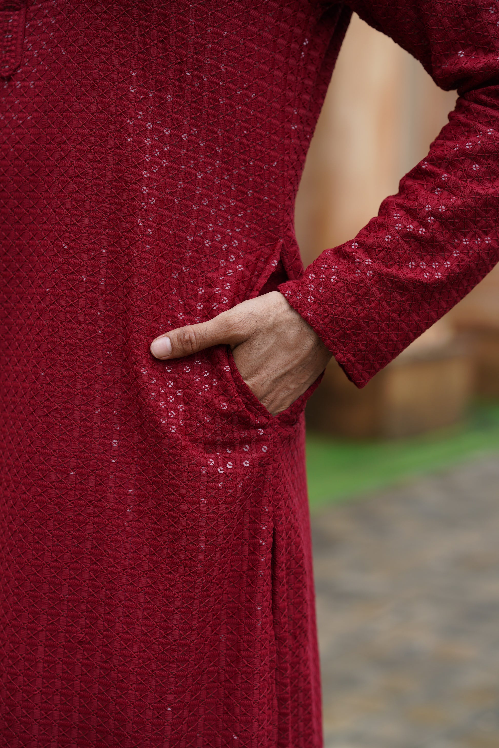 Men’s Maroon Chikankari Threadwork and Sequins Kurta