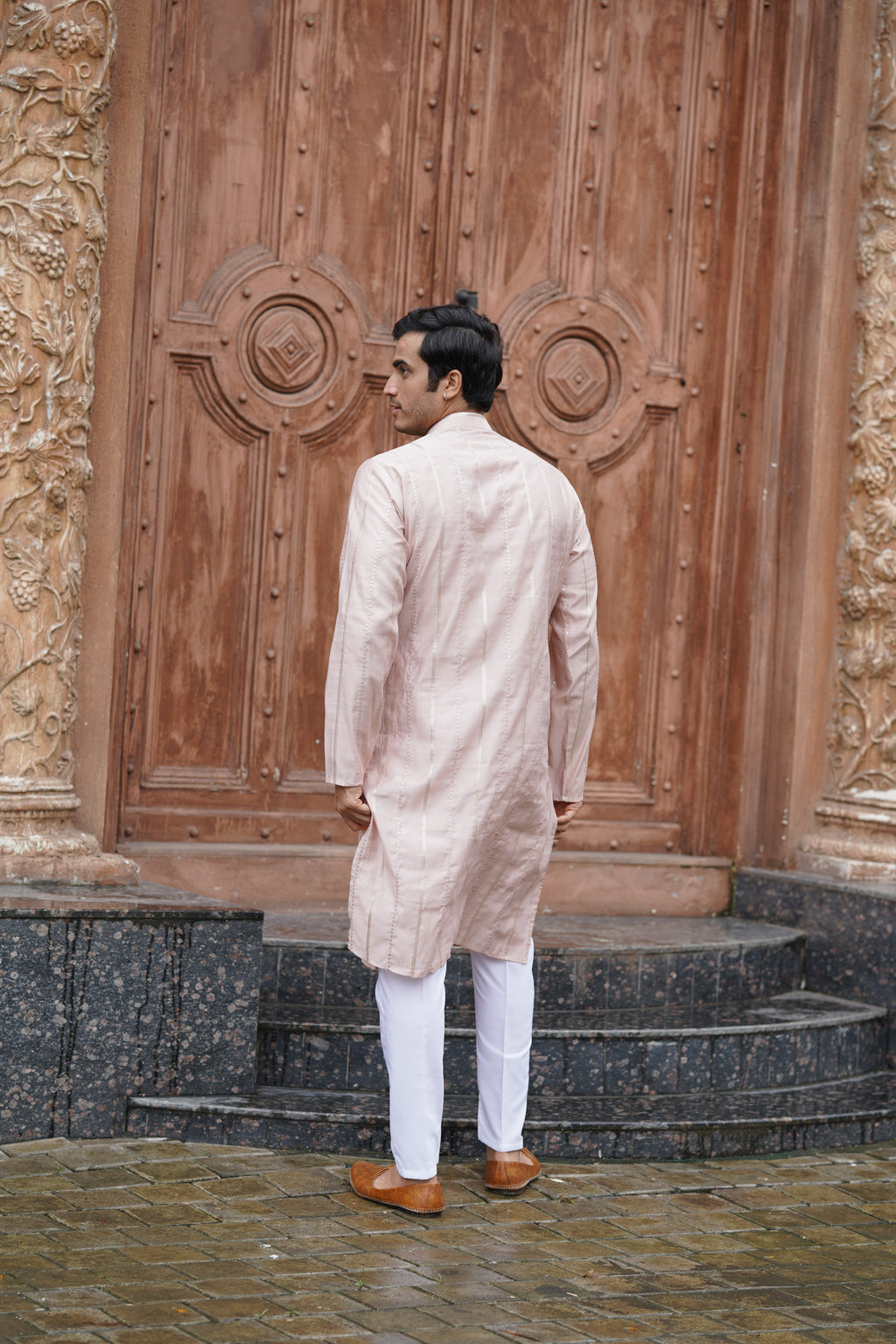 Peach Vertical Sequin Embroidered Men's Kurta Set in Silk Blend