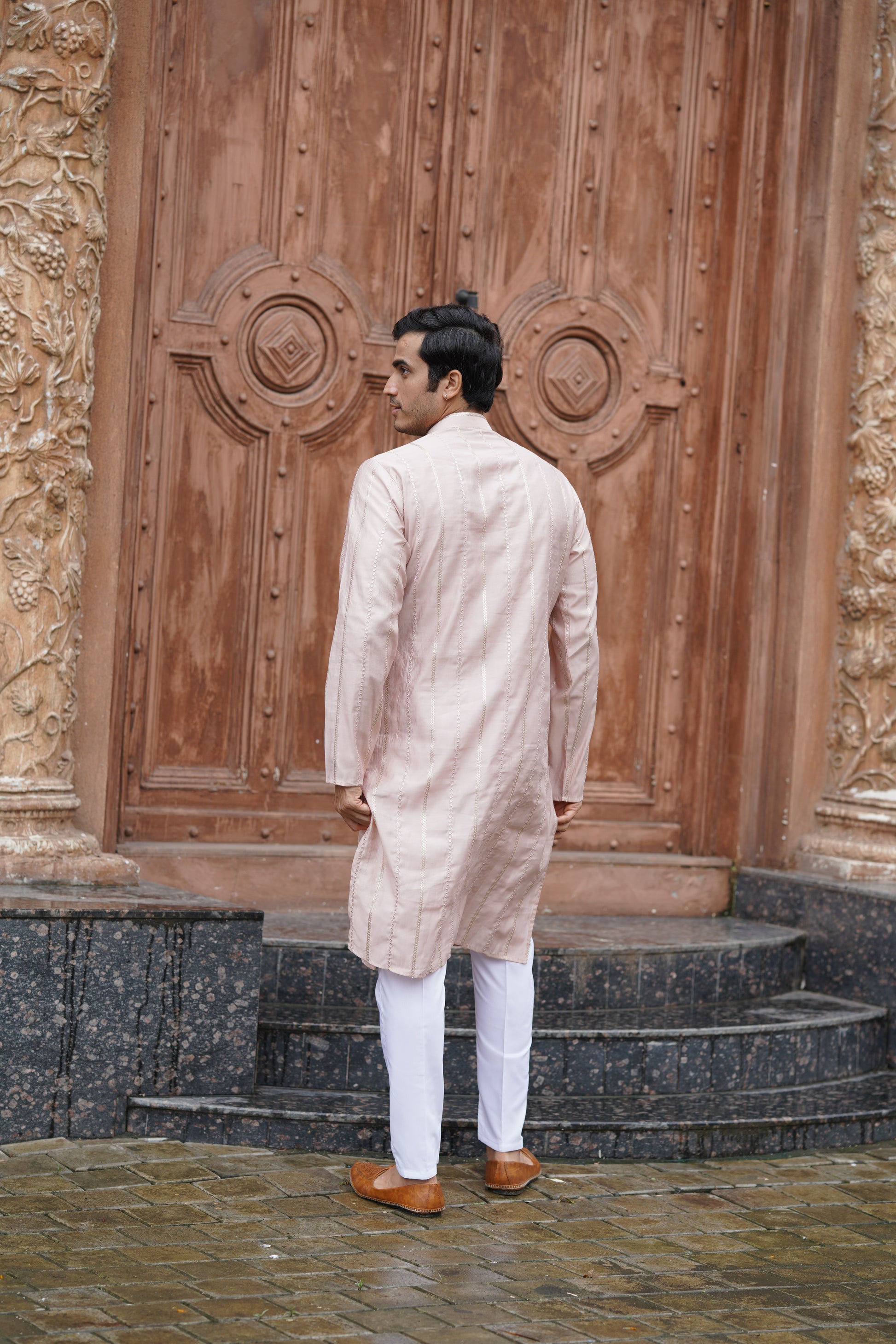 Peach Vertical Sequin Embroidered Men's Kurta Set in Silk Blend