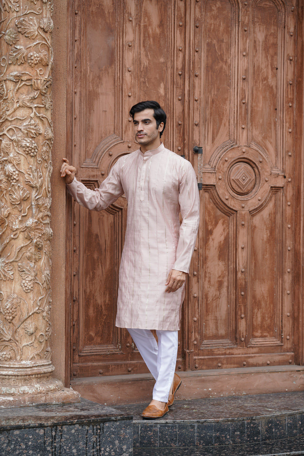 Peach Vertical Sequin Embroidered Men's Kurta Set in Silk Blend