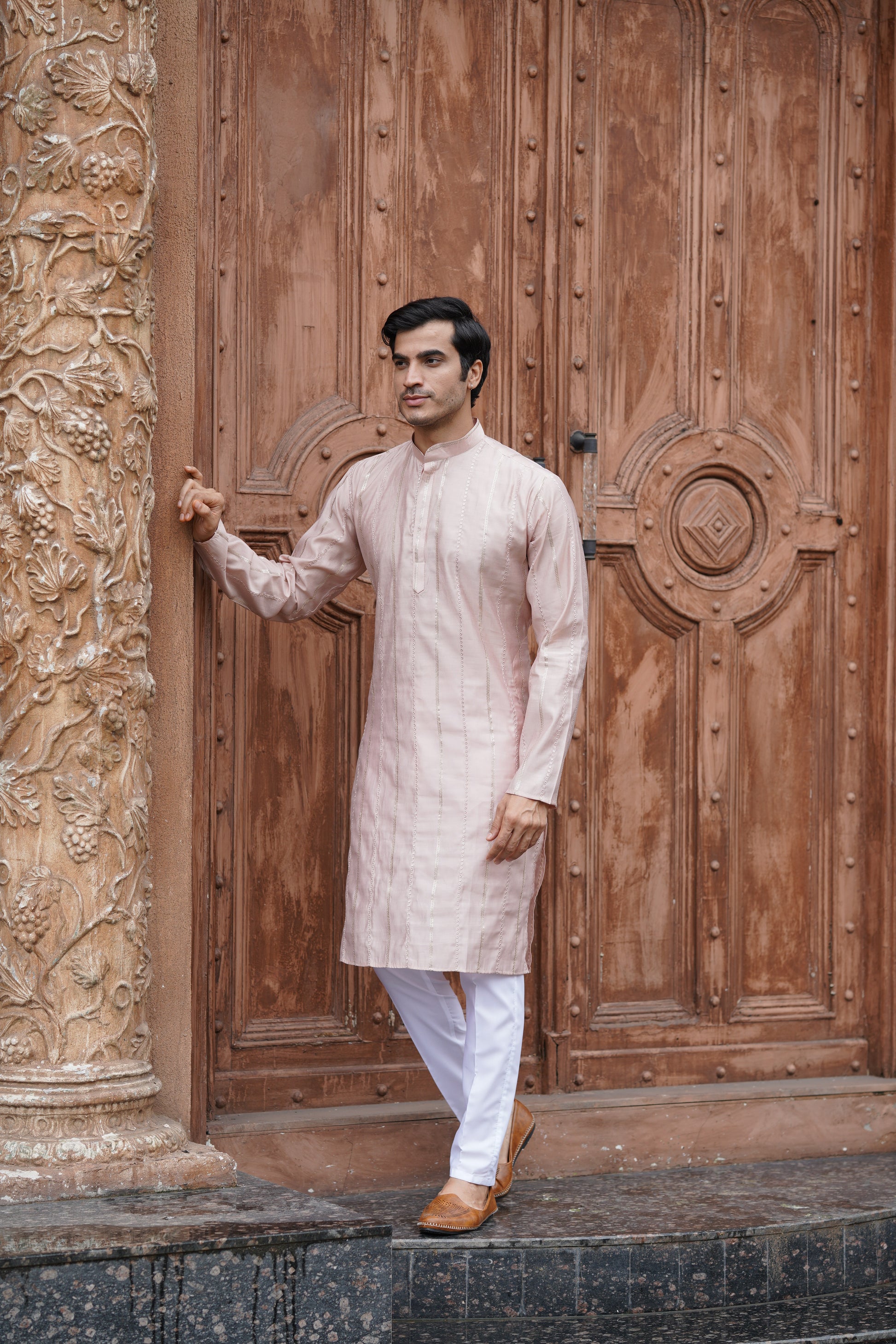 Peach Vertical Sequin Embroidered Men's Kurta Set in Silk Blend