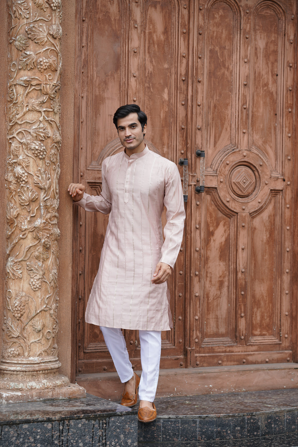Peach Vertical Sequin Embroidered Men's Kurta Set in Silk Blend