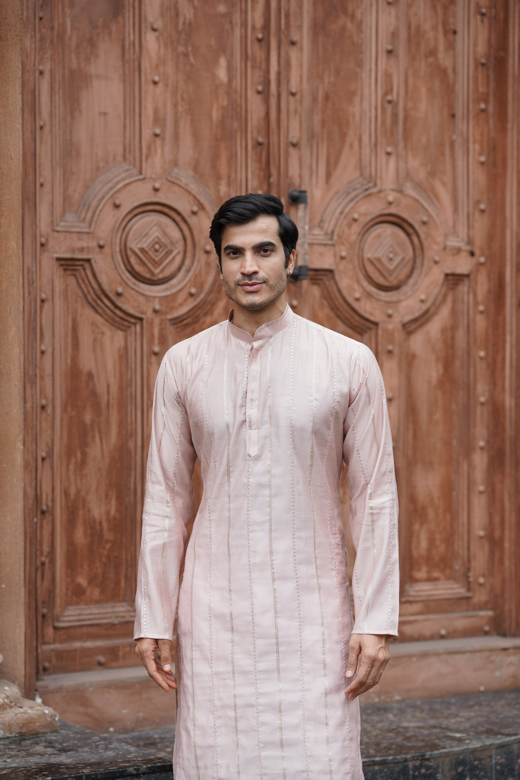 Peach Vertical Sequin Embroidered Men's Kurta Set in Silk Blend