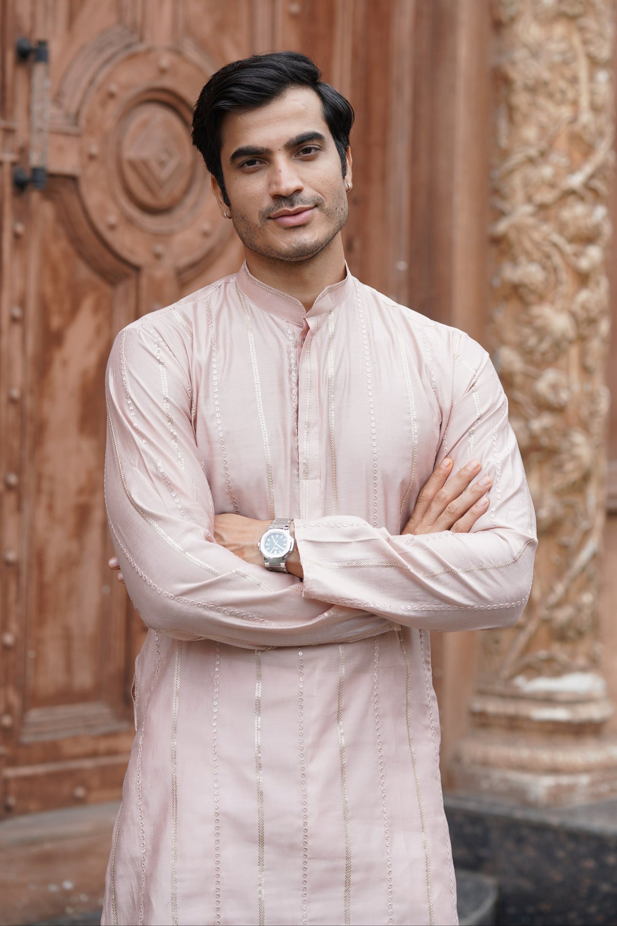 Peach Vertical Sequin Embroidered Men's Kurta Set in Silk Blend
