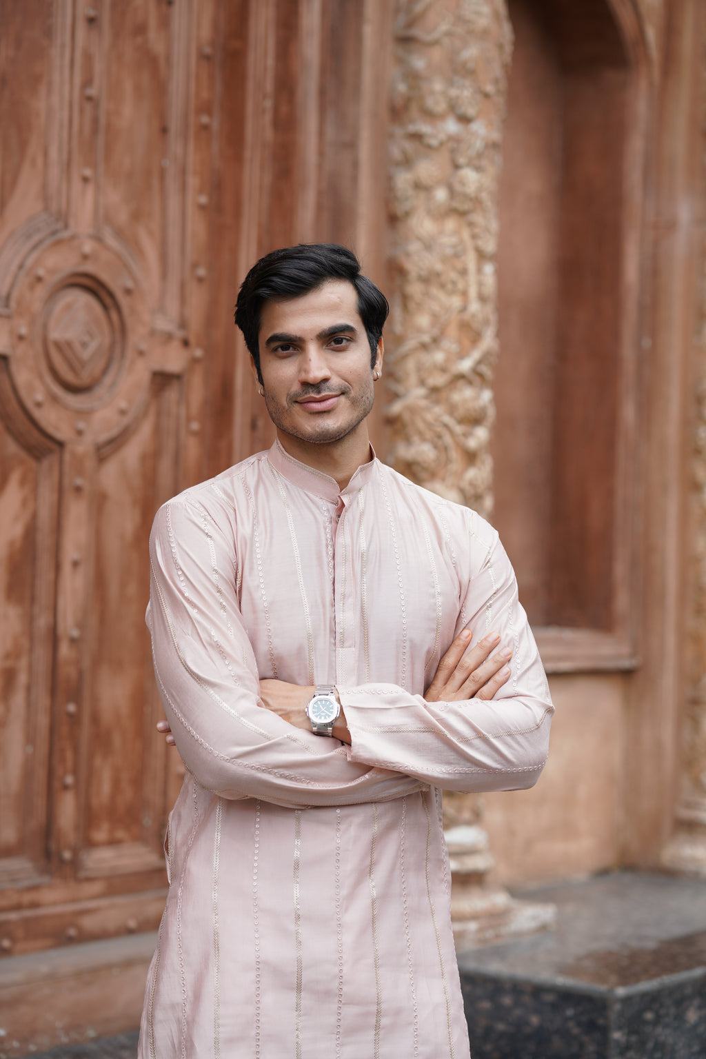 Peach Vertical Sequin Embroidered Men's Kurta Set in Silk Blend