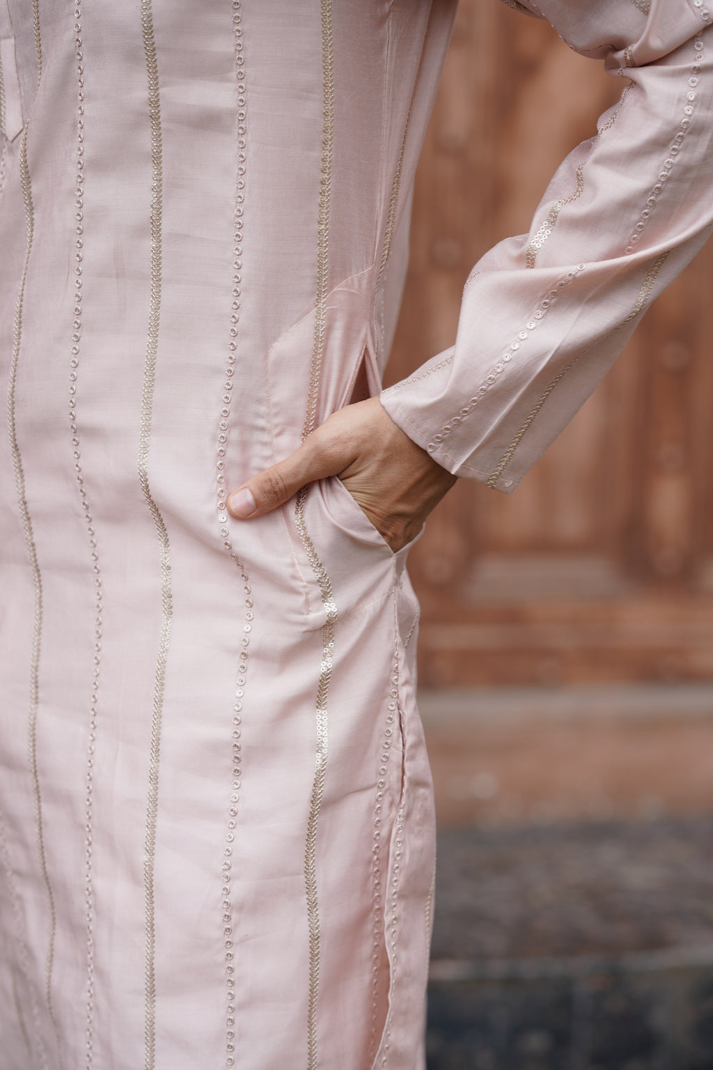 Peach Vertical Sequin Embroidered Men's Kurta Set in Silk Blend