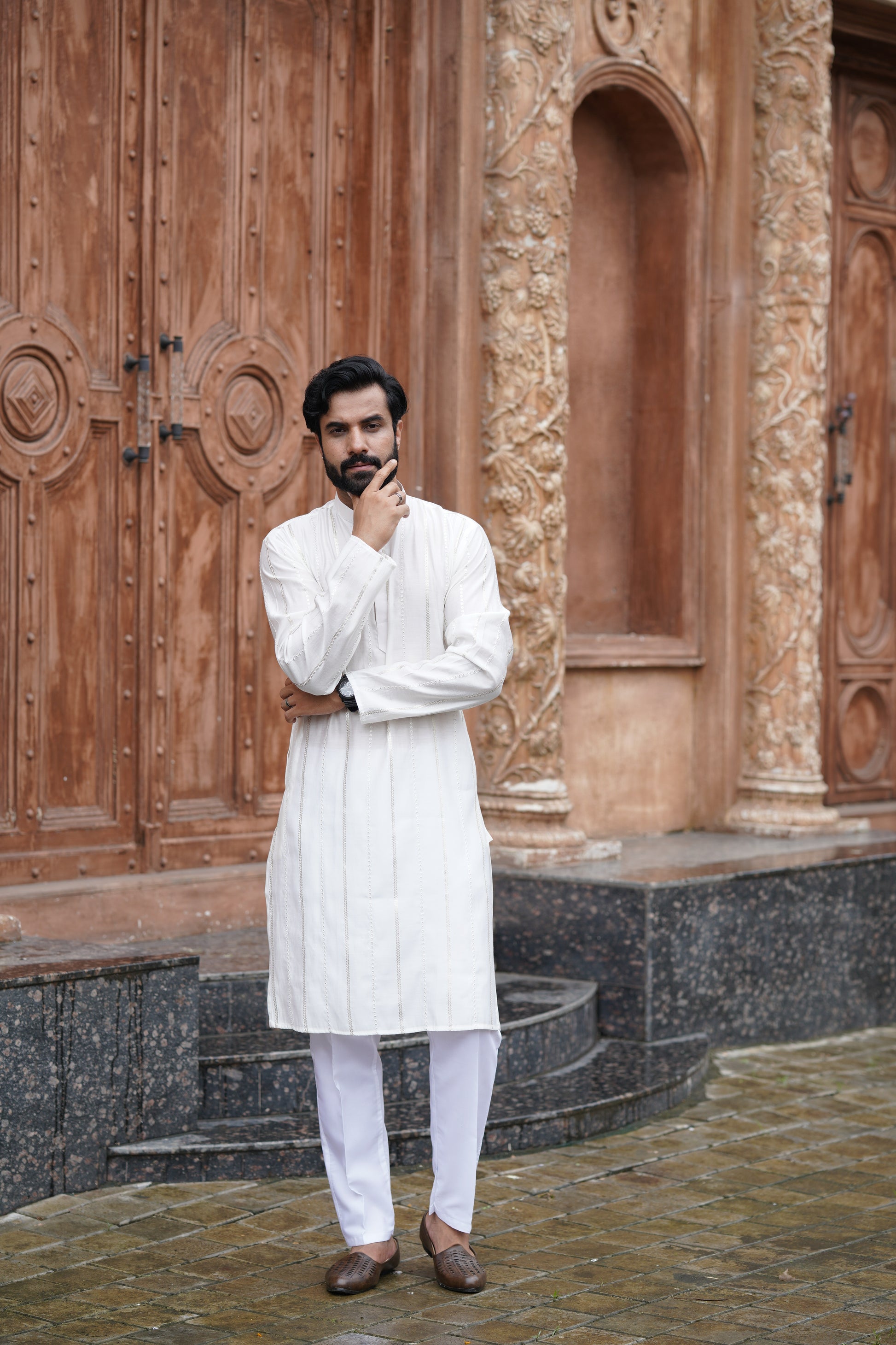 White Vertical Sequin Embroidered Men's Kurta Set in Silk Blend
