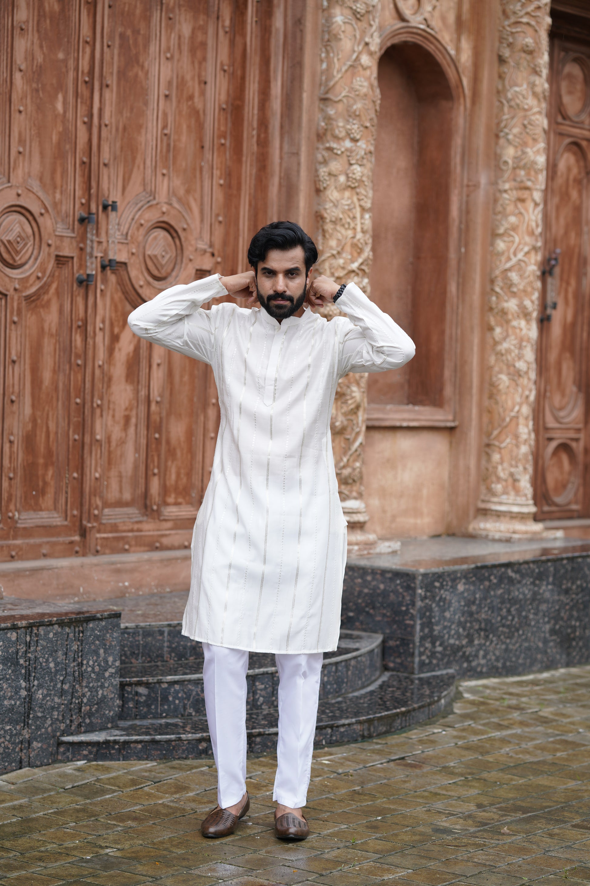 White Vertical Sequin Embroidered Men's Kurta Set in Silk Blend