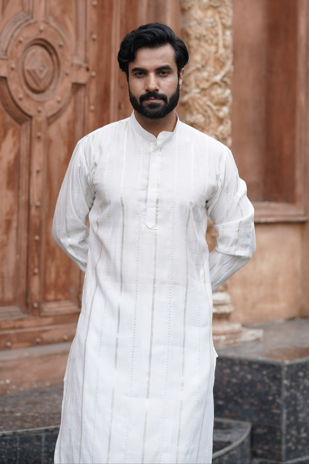 White Vertical Sequin Embroidered Men's Kurta Set in Silk Blend