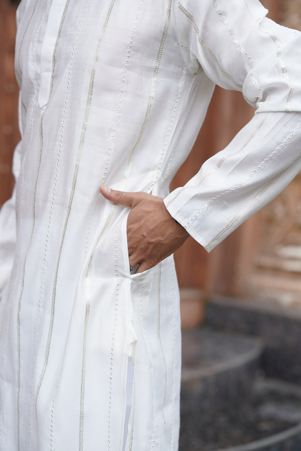 White Vertical Sequin Embroidered Men's Kurta Set in Silk Blend
