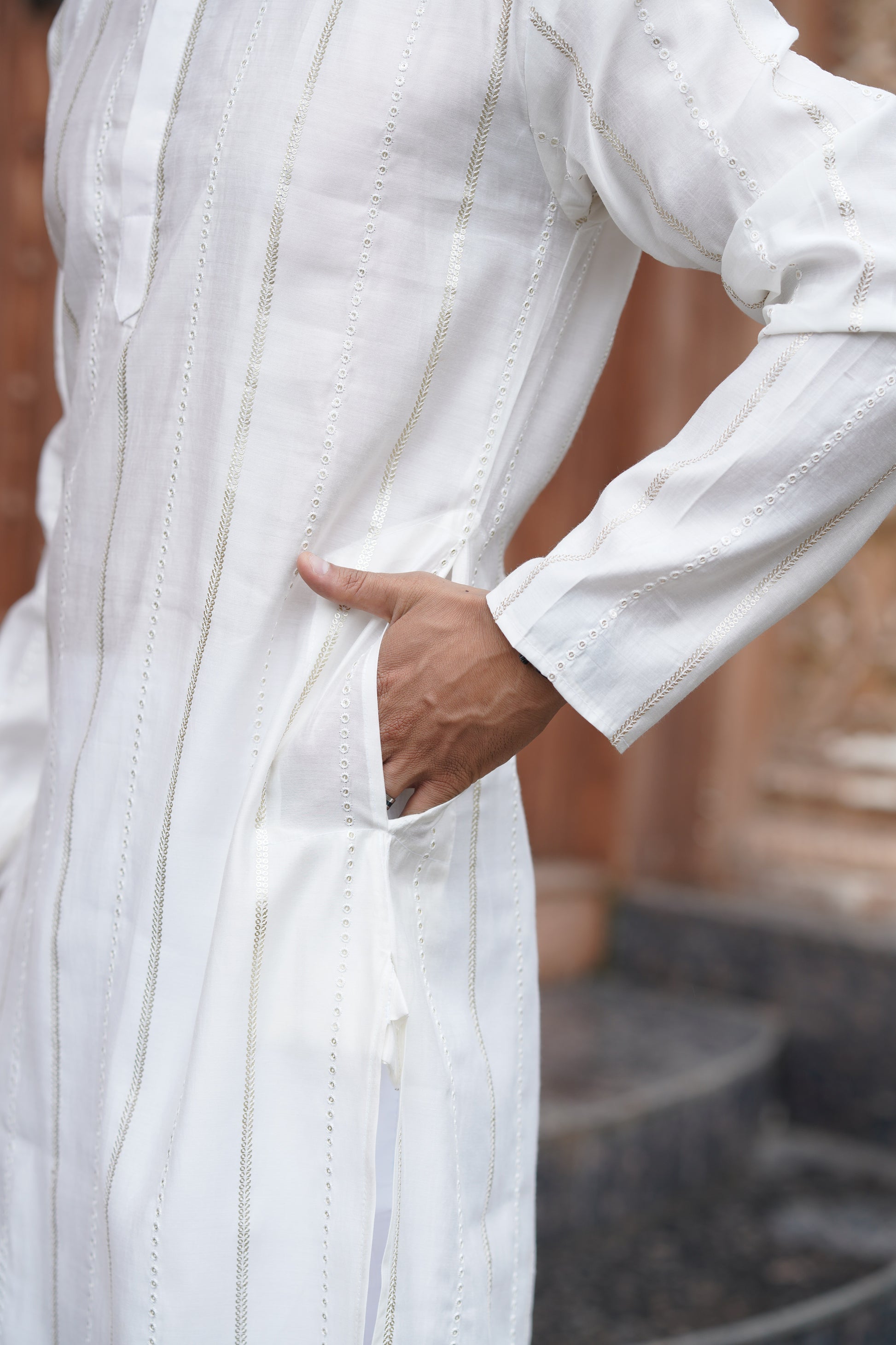 White Vertical Sequin Embroidered Men's Kurta Set in Silk Blend