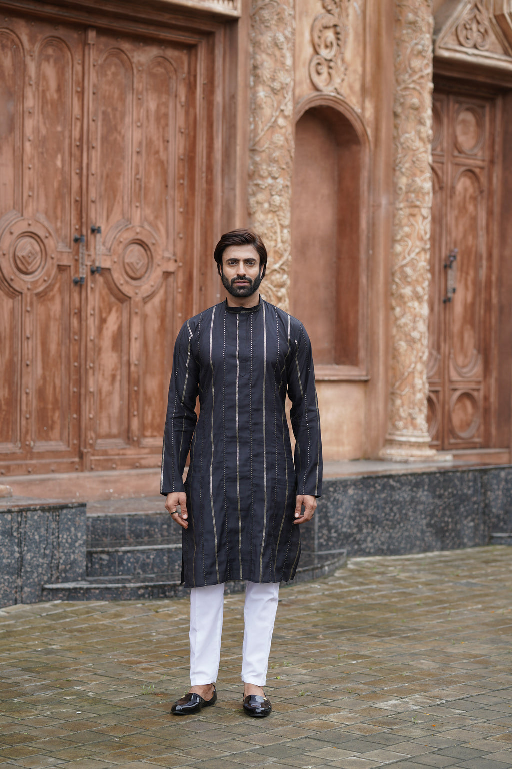 Black Vertical Sequin Embroidered Men's Kurta Set in Silk Blend