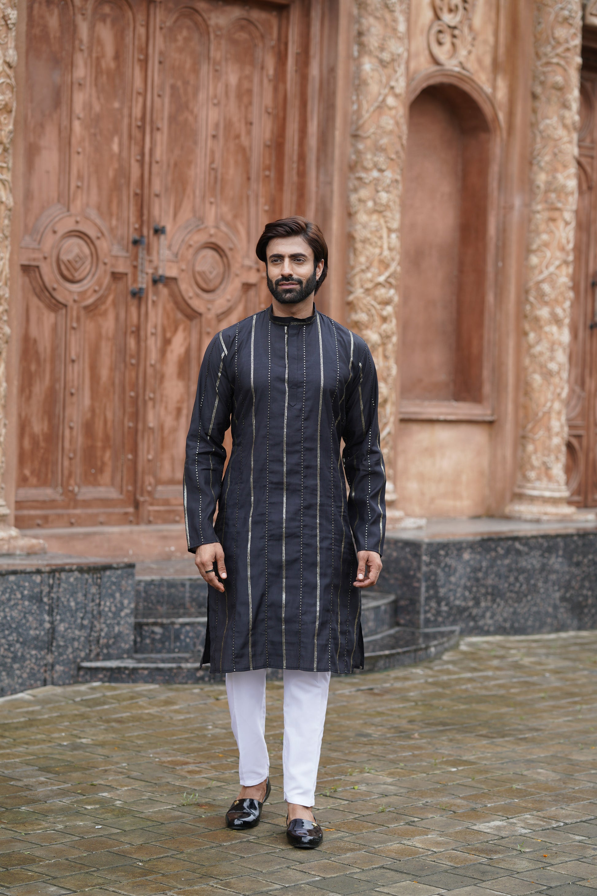 Black Vertical Sequin Embroidered Men's Kurta Set in Silk Blend