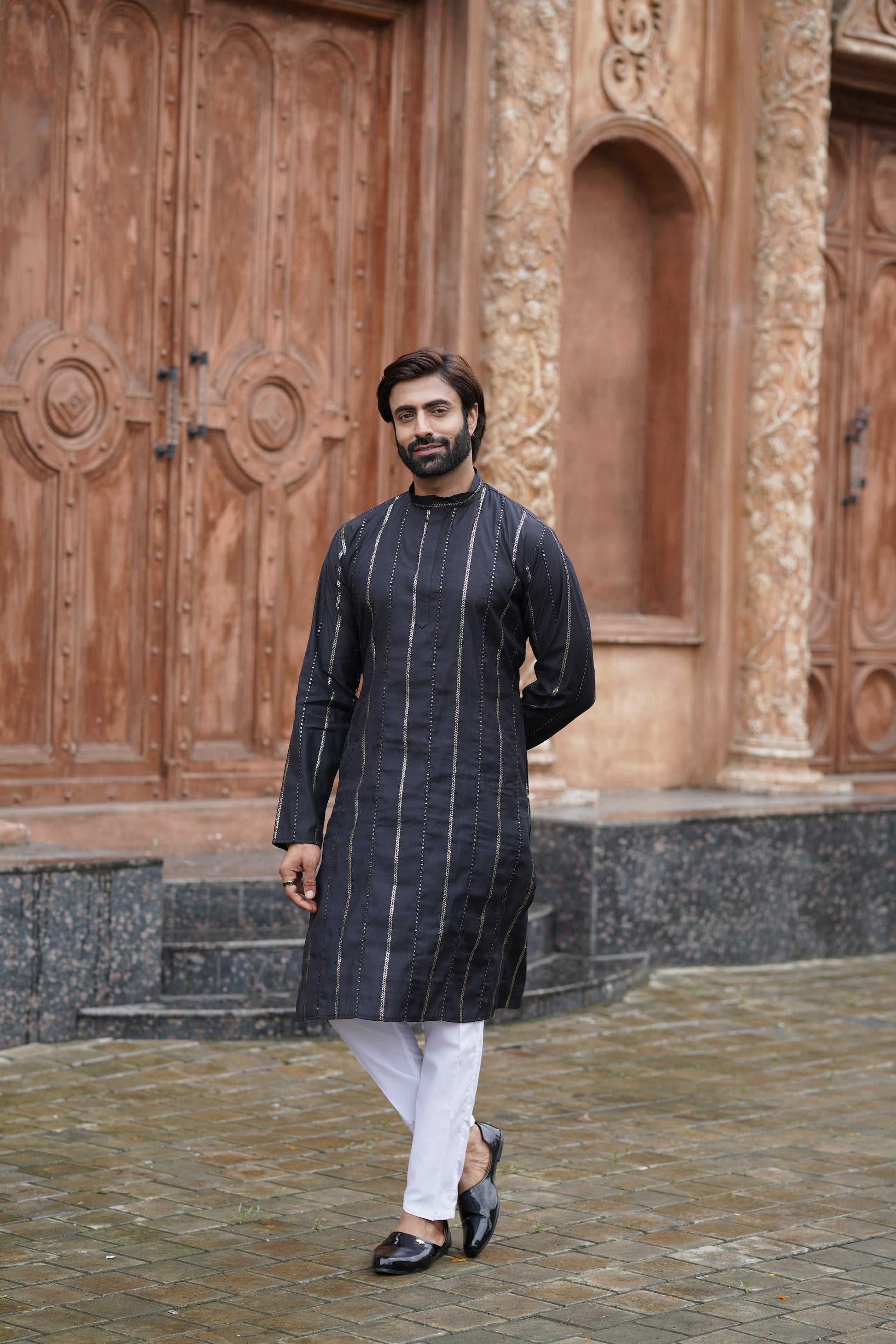 Black Vertical Sequin Embroidered Men's Kurta Set in Silk Blend