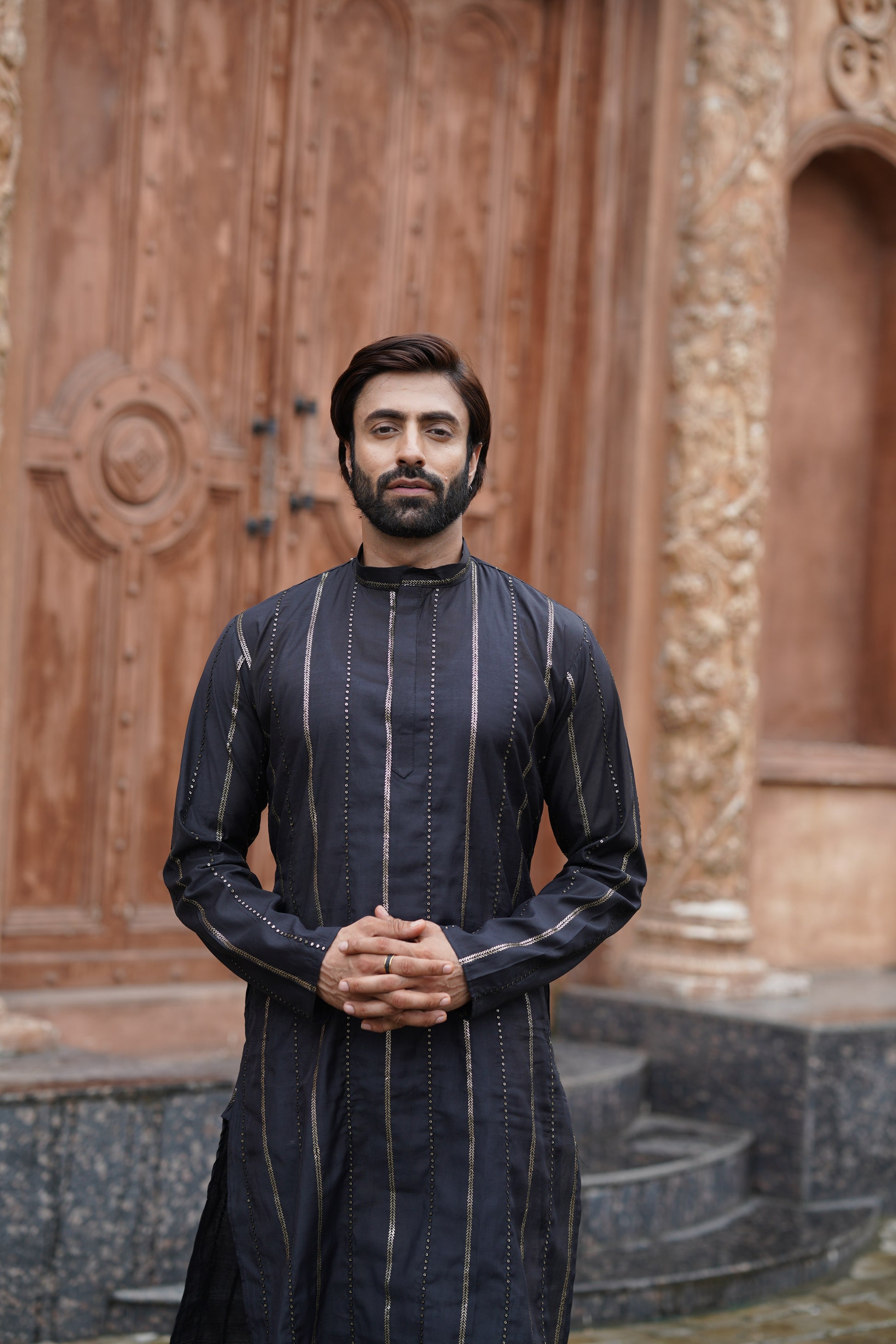 Black Vertical Sequin Embroidered Men's Kurta Set in Silk Blend