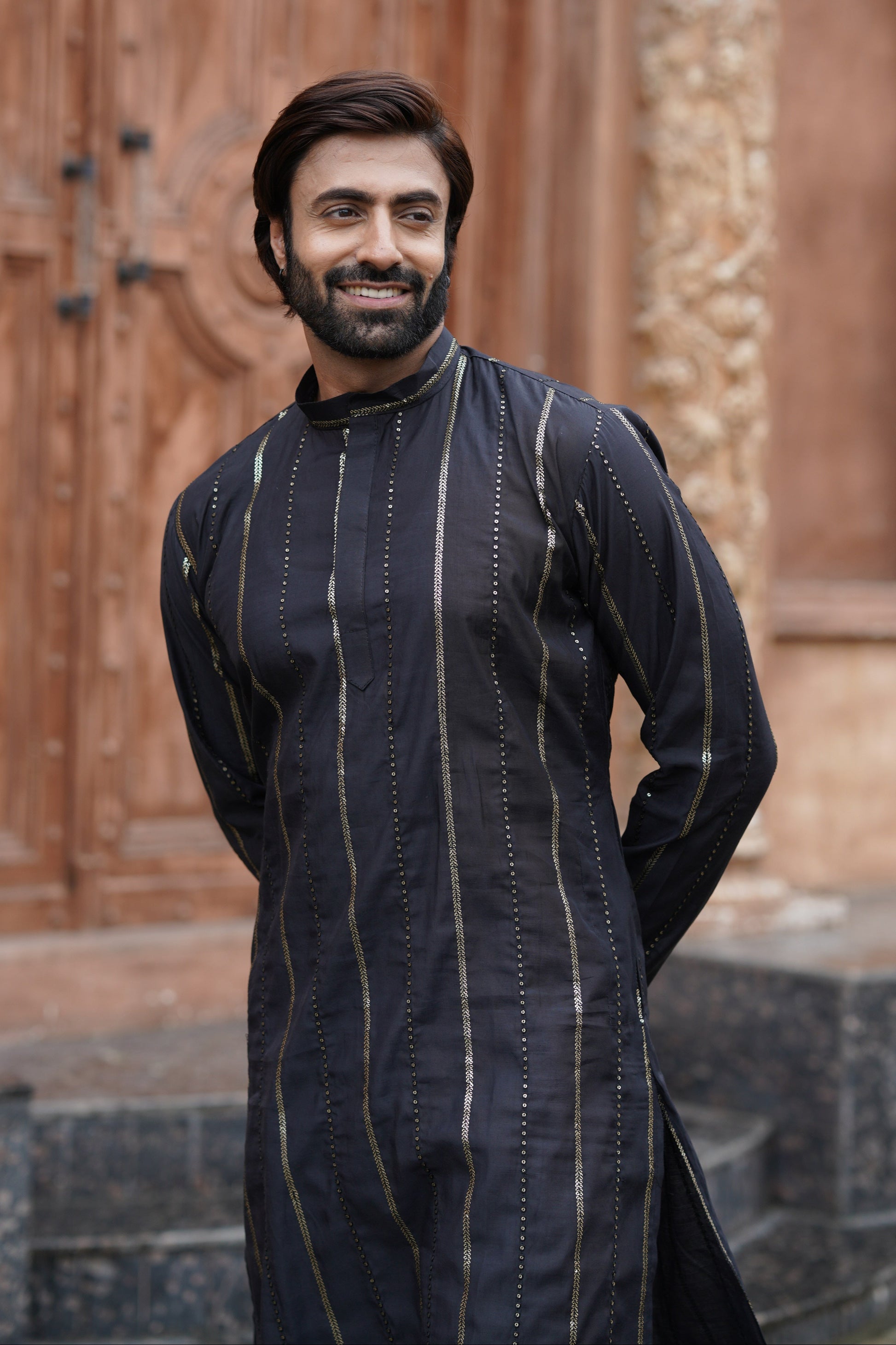 Black Vertical Sequin Embroidered Men's Kurta Set in Silk Blend