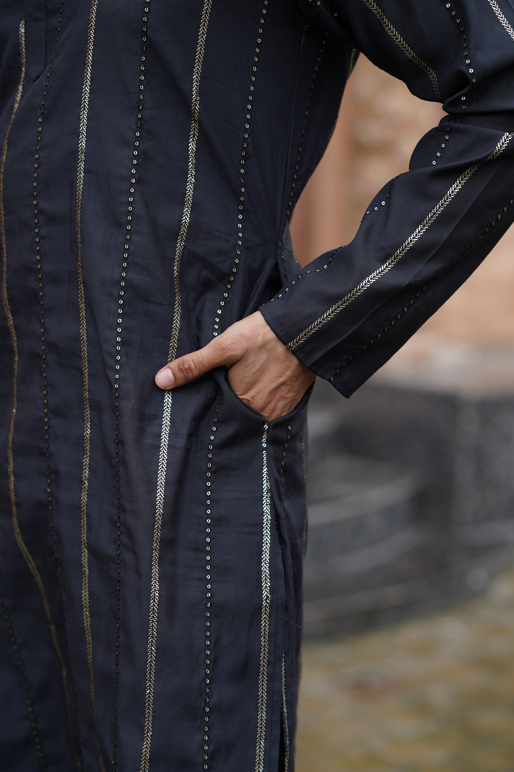 Black Vertical Sequin Embroidered Men's Kurta Set in Silk Blend