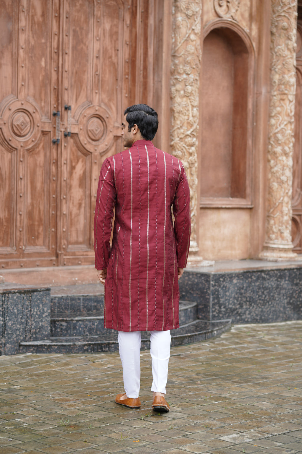 Maroon Vertical Sequin Embroidered Men's Kurta Set in Silk Blend