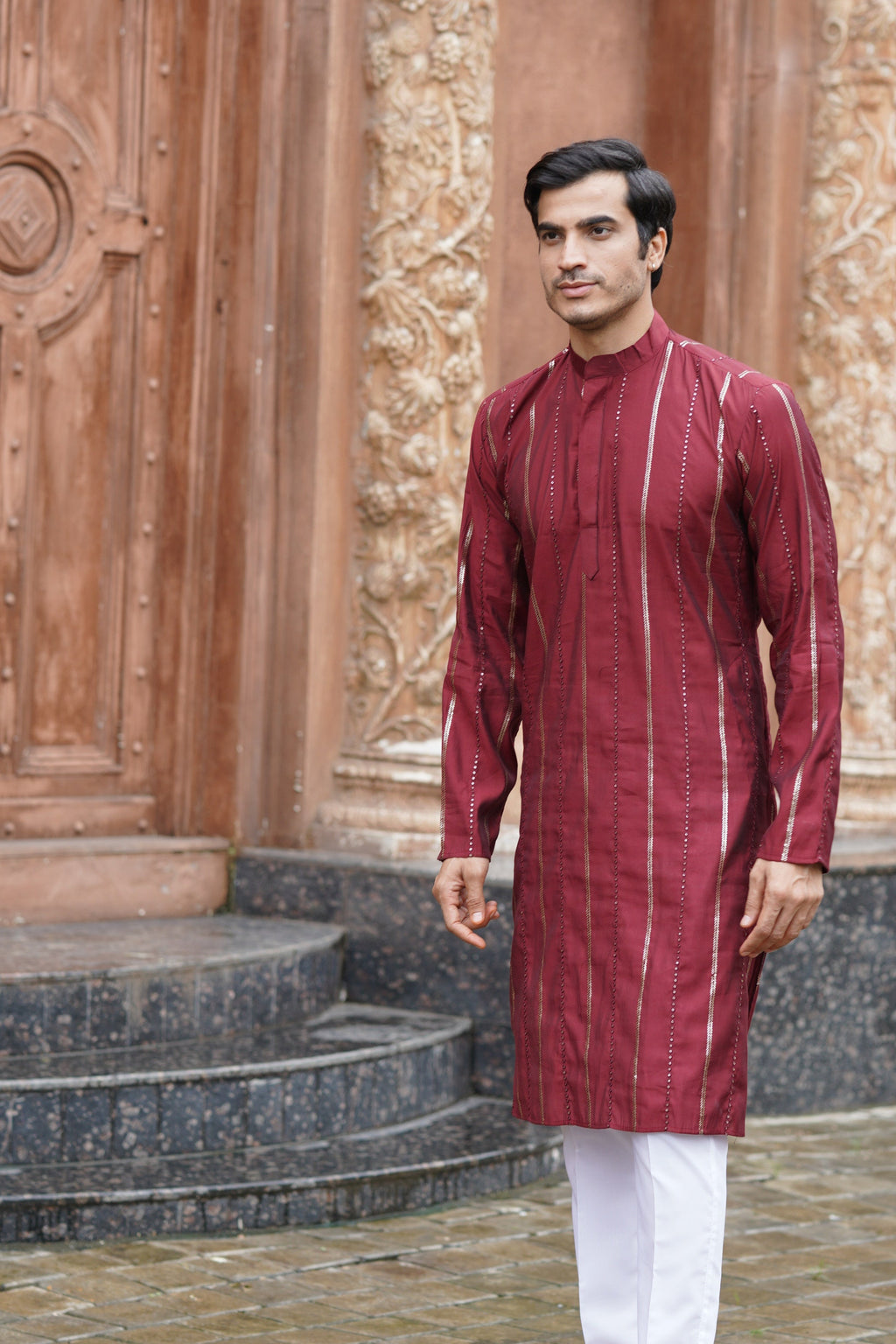 Maroon Vertical Sequin Embroidered Men's Kurta Set in Silk Blend