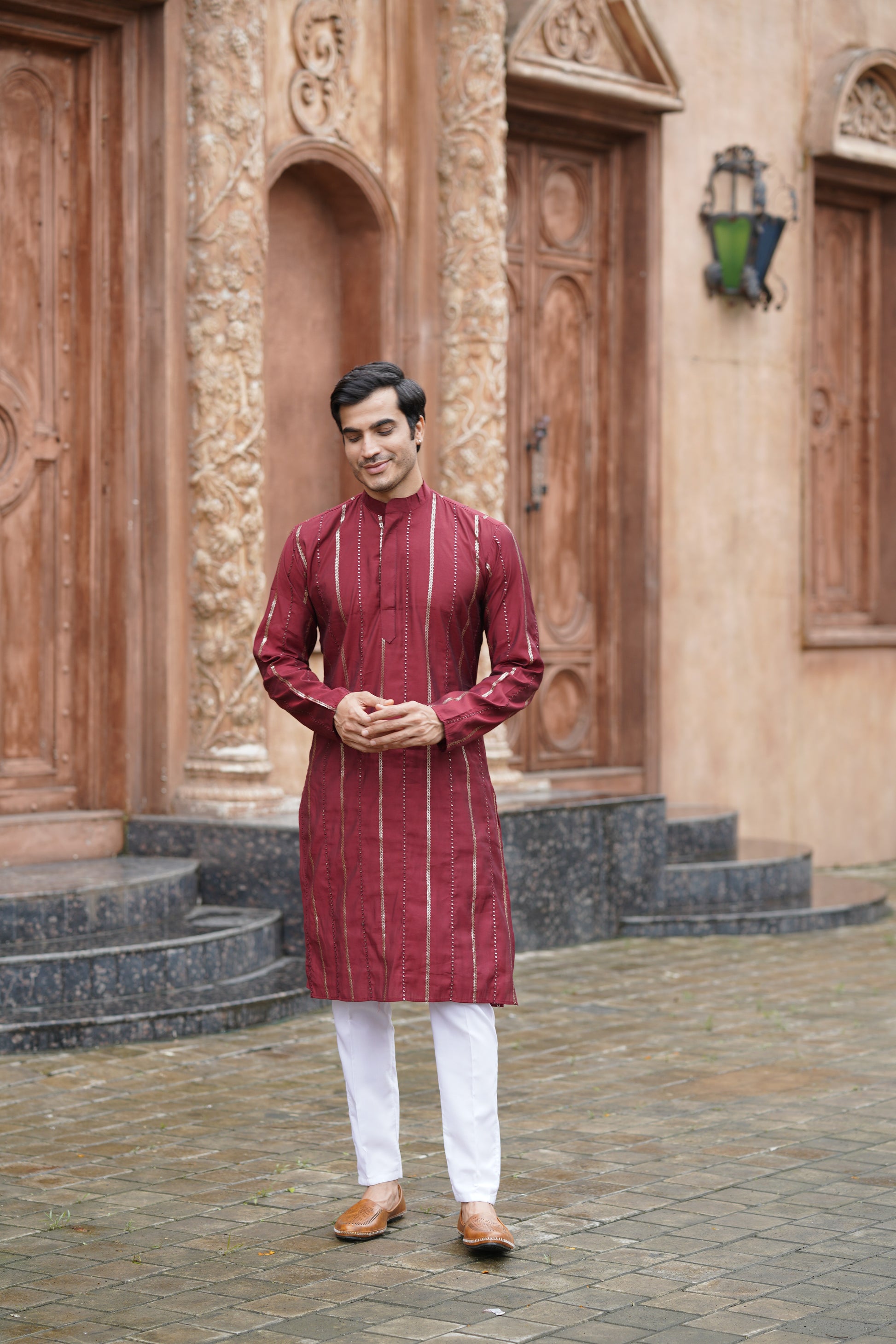Maroon Vertical Sequin Embroidered Men's Kurta Set in Silk Blend