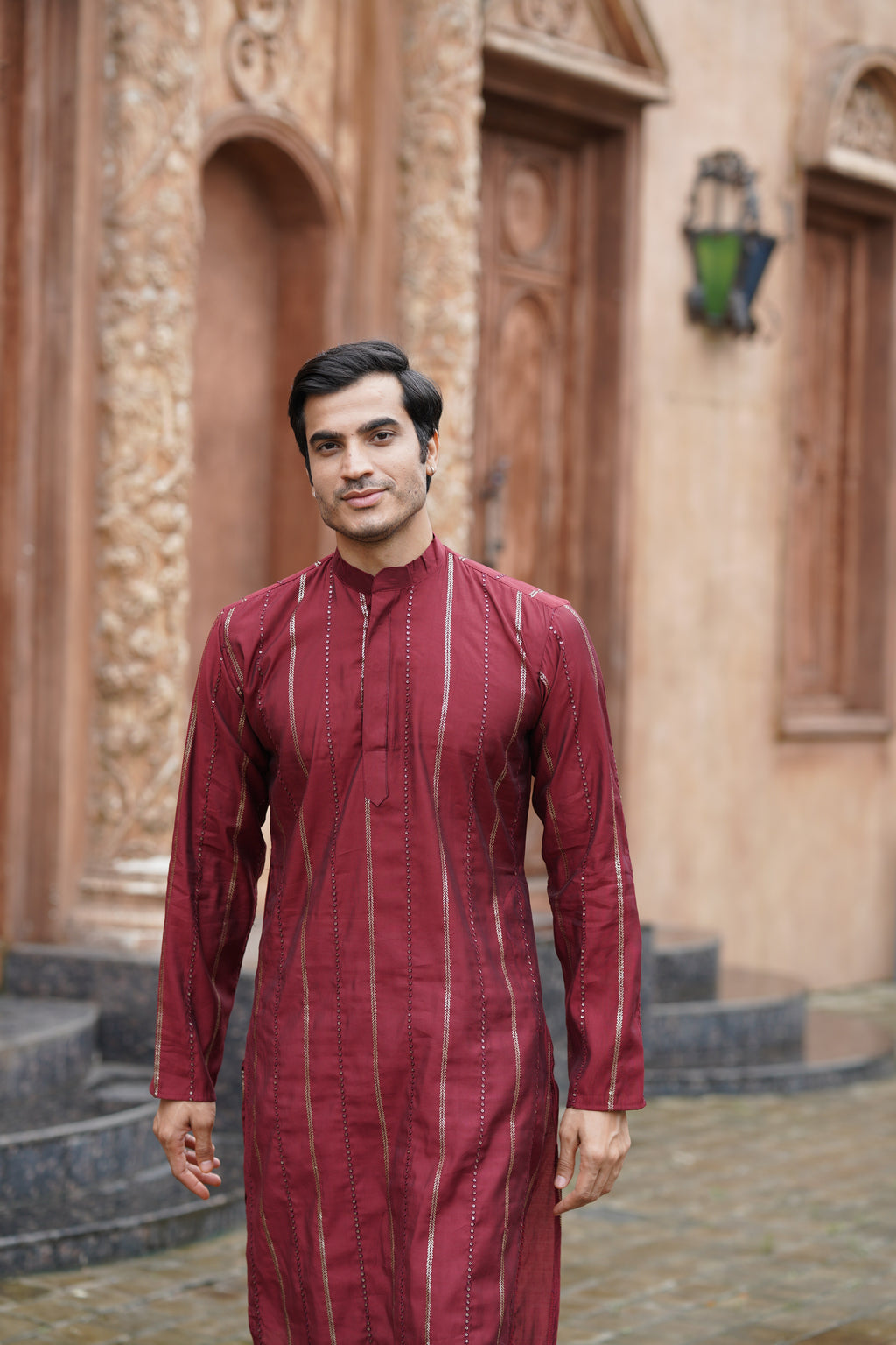 Maroon Vertical Sequin Embroidered Men's Kurta Set in Silk Blend