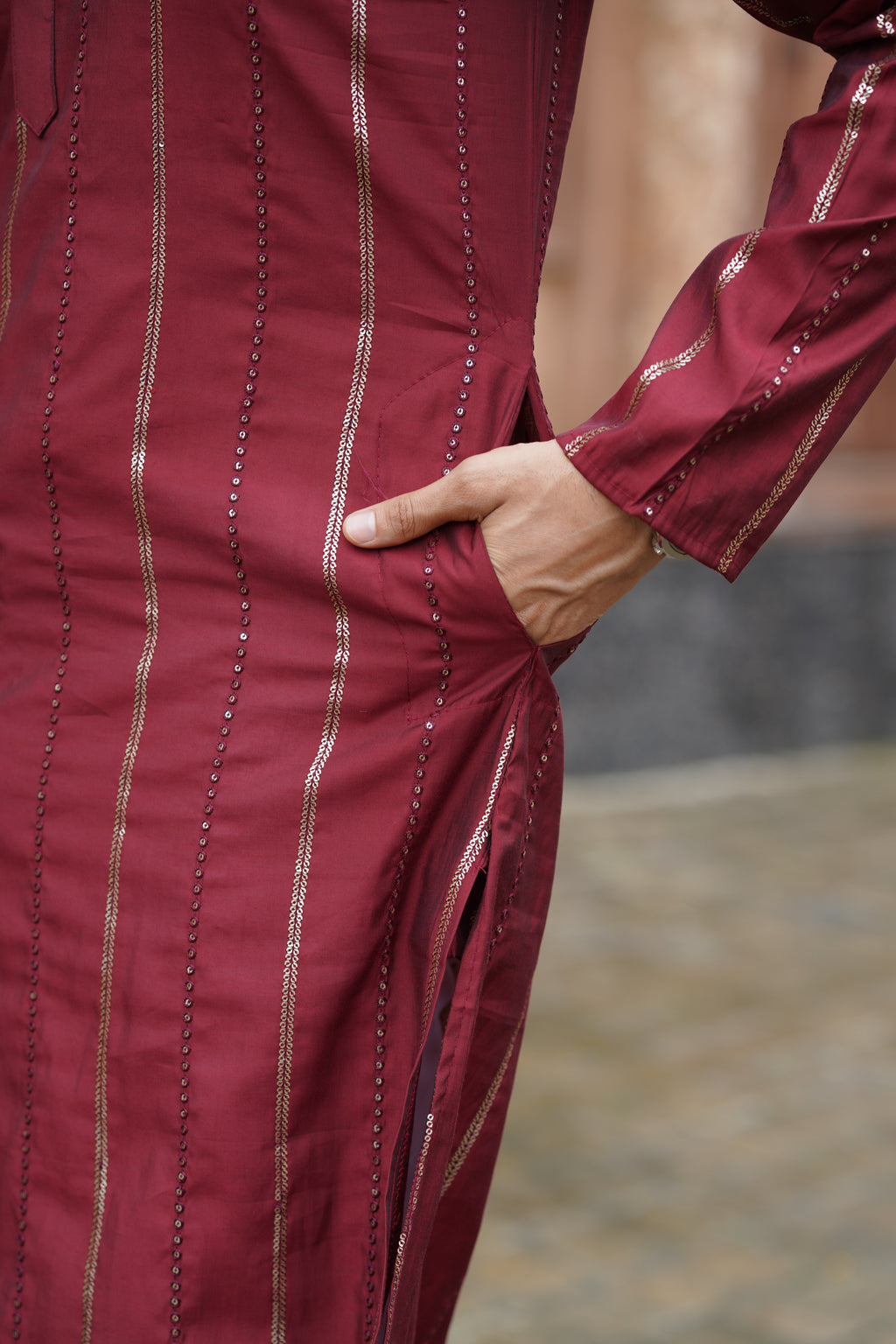 Maroon Vertical Sequin Embroidered Men's Kurta Set in Silk Blend