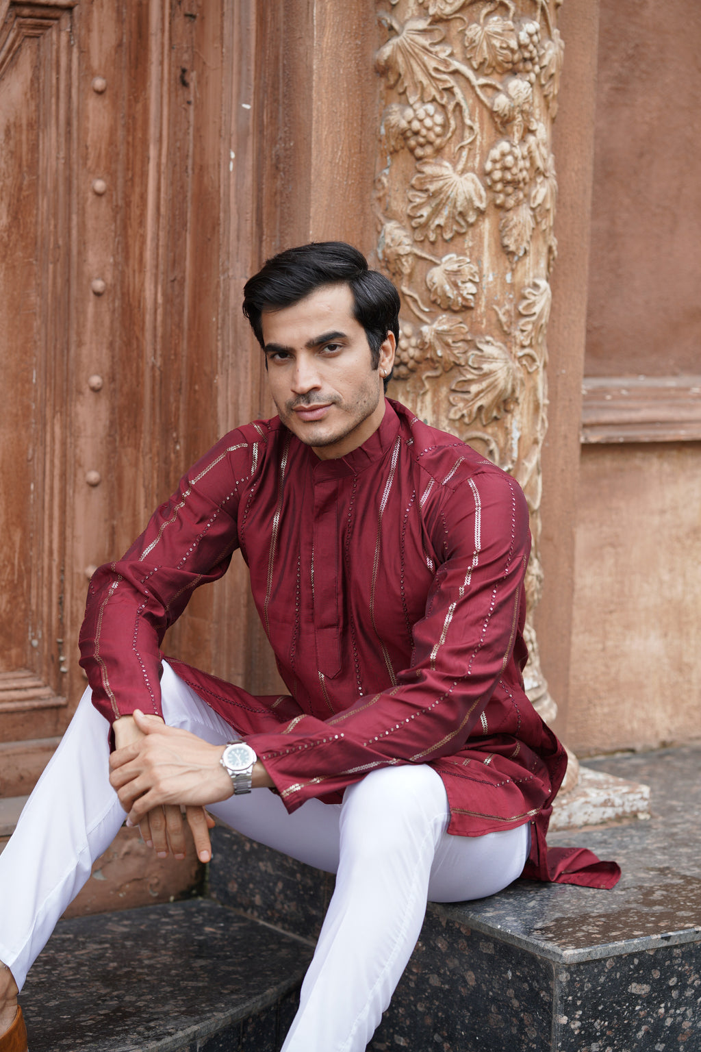 Maroon Vertical Sequin Embroidered Men's Kurta Set in Silk Blend