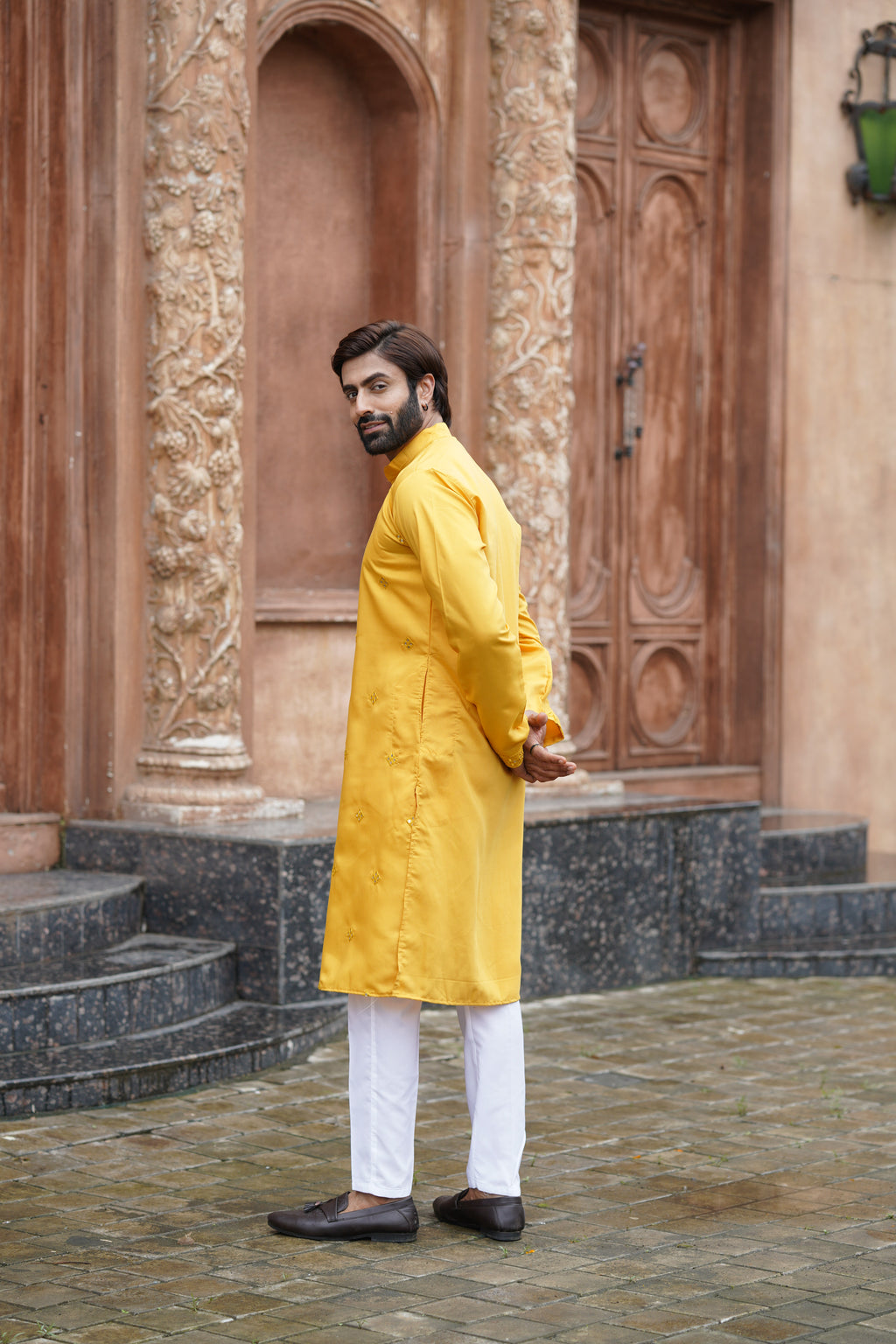Yellow Festive Mirror Embroidered Cotton Kurta Set for Men