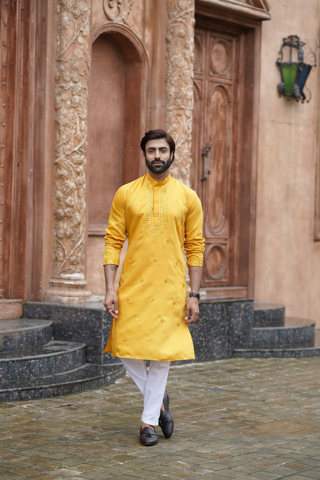Yellow Festive Mirror Embroidered Cotton Kurta Set for Men
