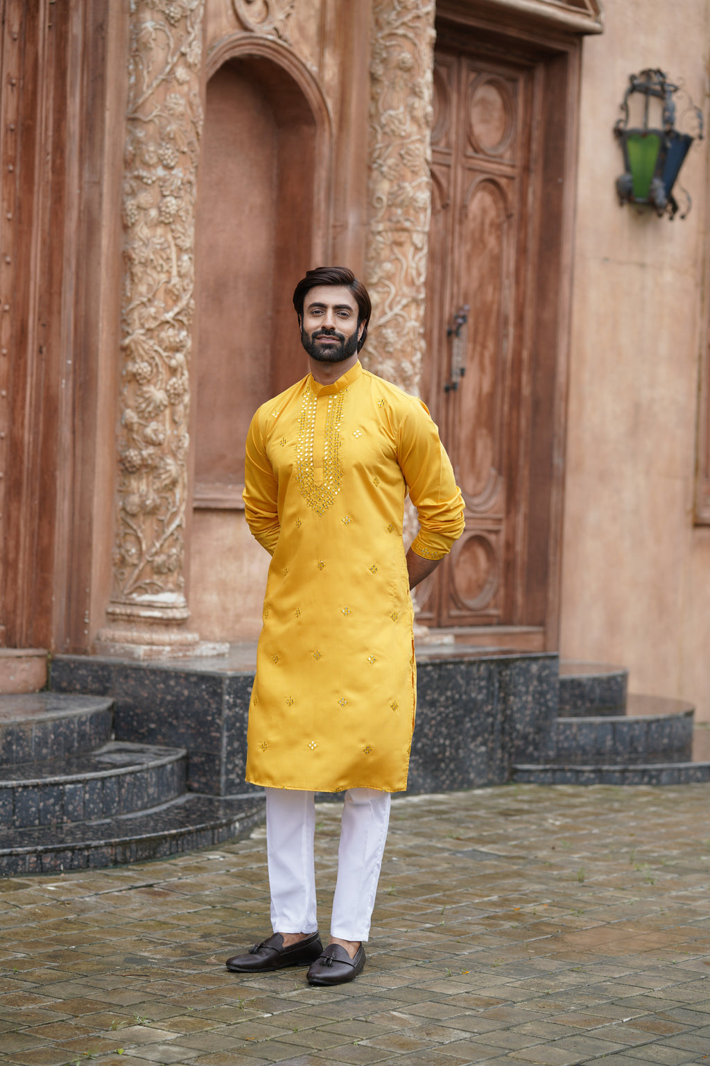 Yellow Festive Mirror Embroidered Cotton Kurta Set for Men