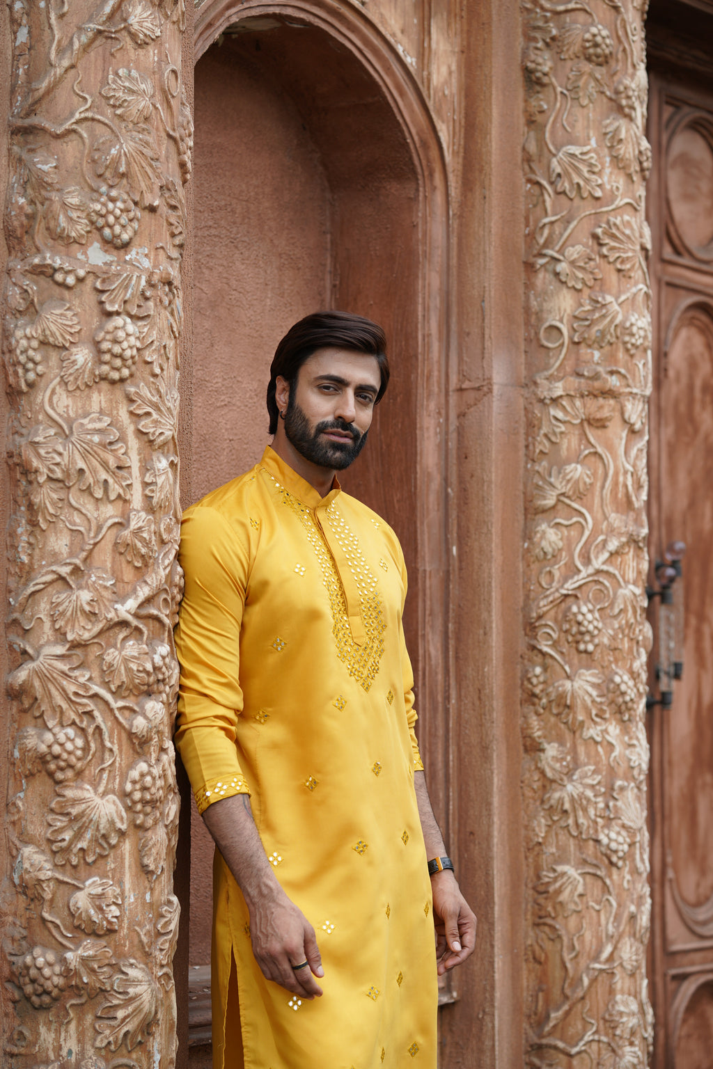 Yellow Festive Mirror Embroidered Cotton Kurta Set for Men