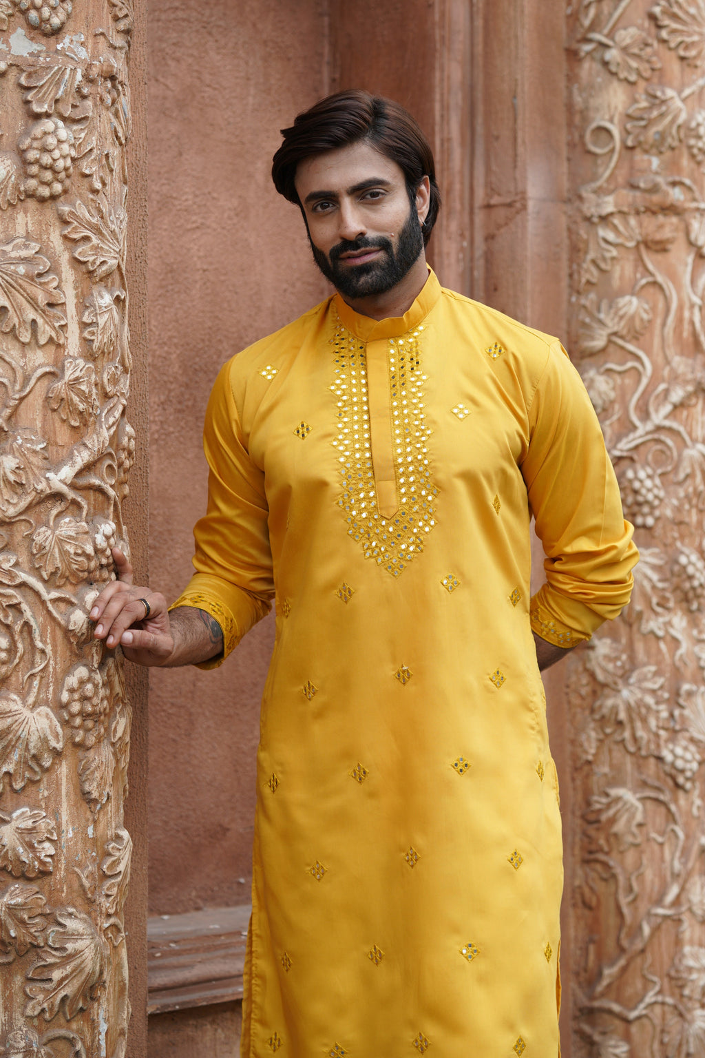 Yellow Festive Mirror Embroidered Cotton Kurta Set for Men
