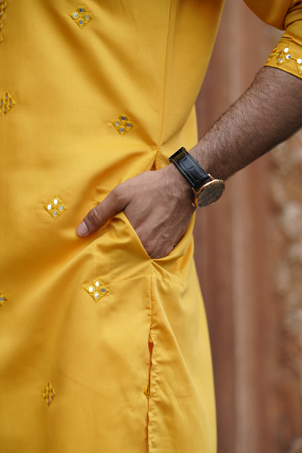 Yellow Festive Mirror Embroidered Cotton Kurta Set for Men