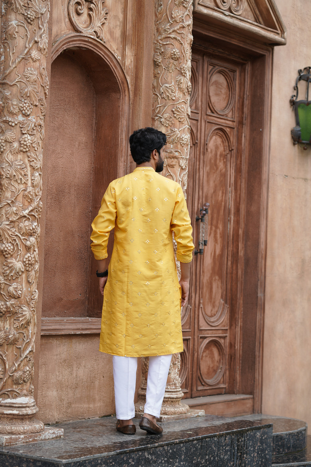 Mustard Mirror Work Kurta Set for Men with Sequin Embroidery