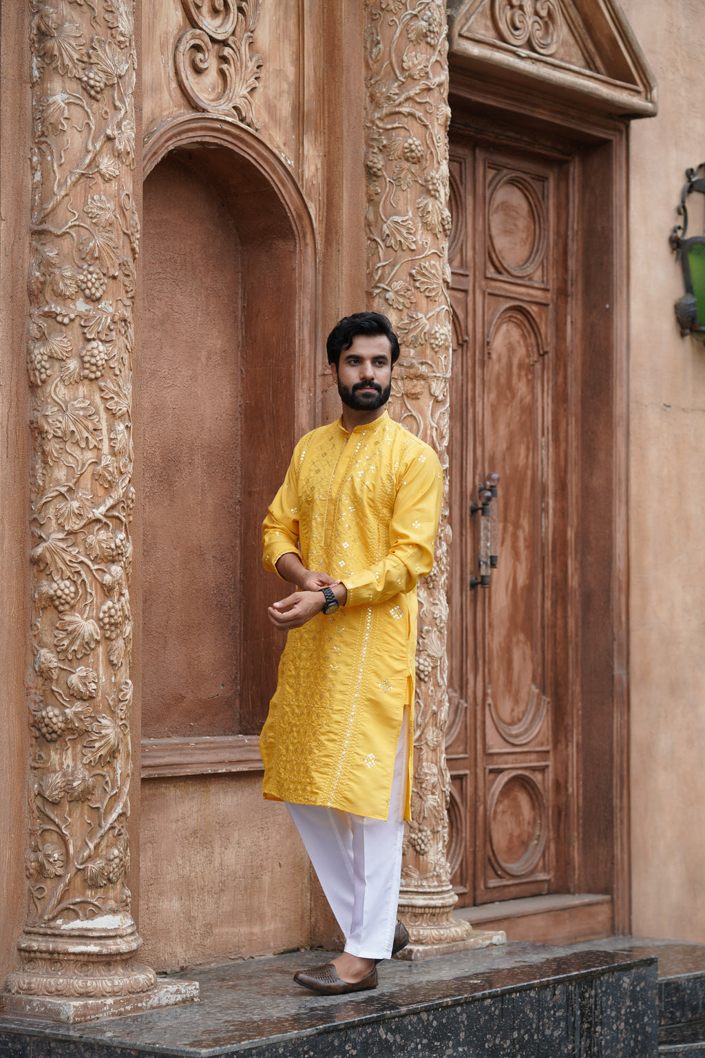 Mustard Mirror Work Kurta Set for Men with Sequin Embroidery