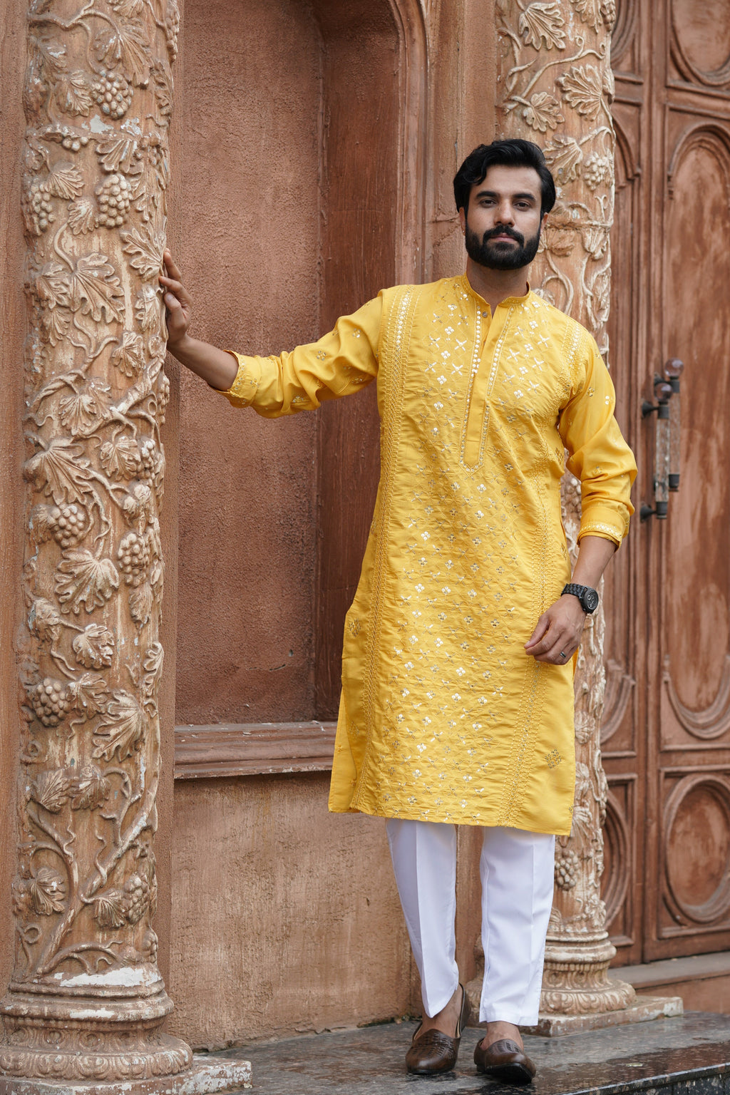 Mustard Mirror Work Kurta Set for Men with Sequin Embroidery