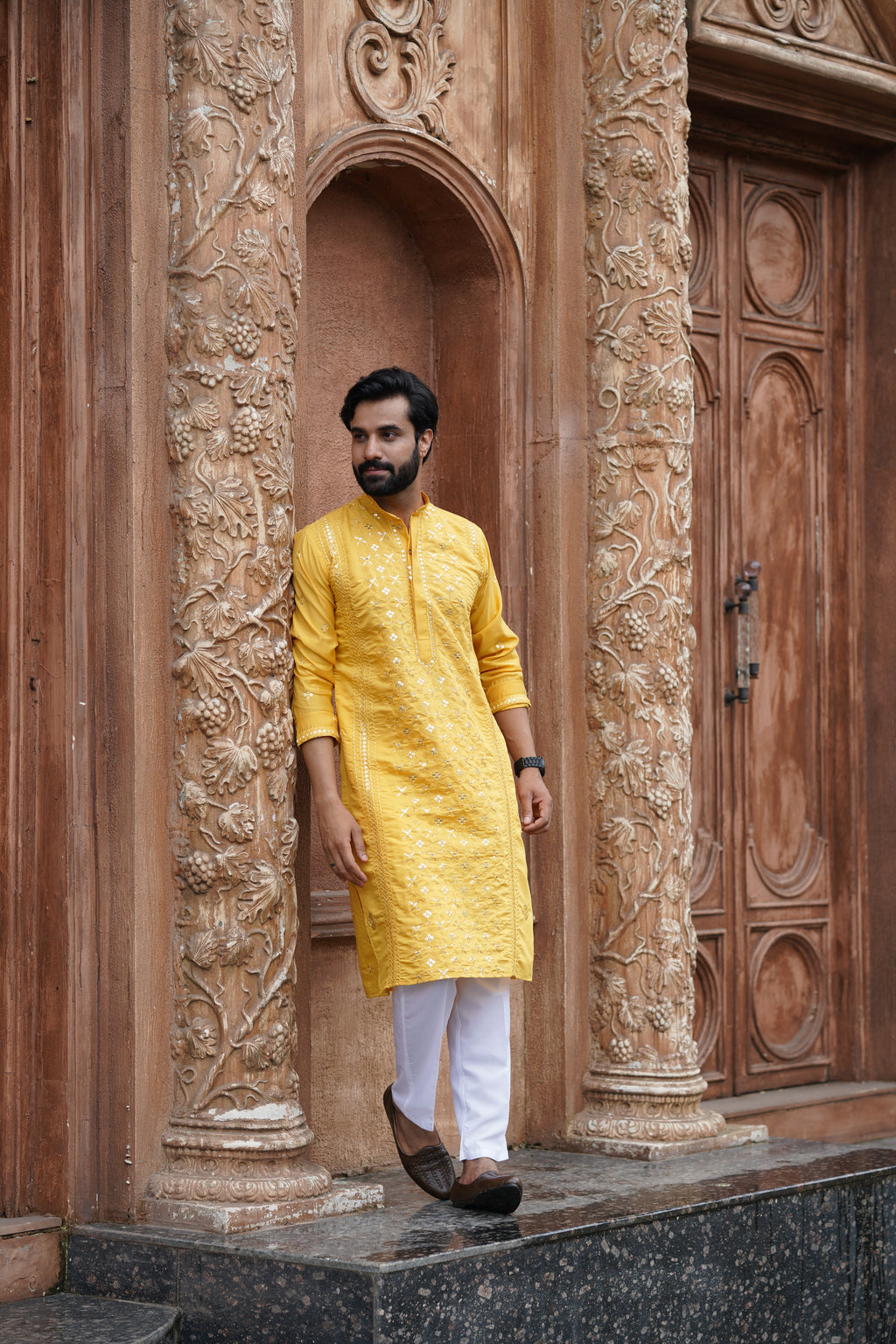 Mustard Mirror Work Kurta Set for Men with Sequin Embroidery