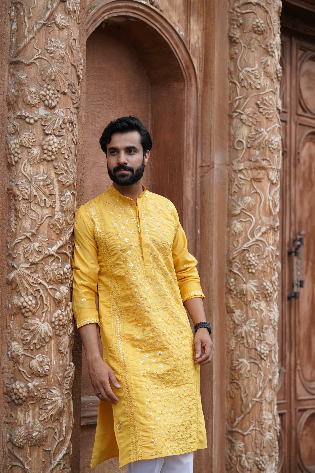 Mustard Mirror Work Kurta Set for Men with Sequin Embroidery