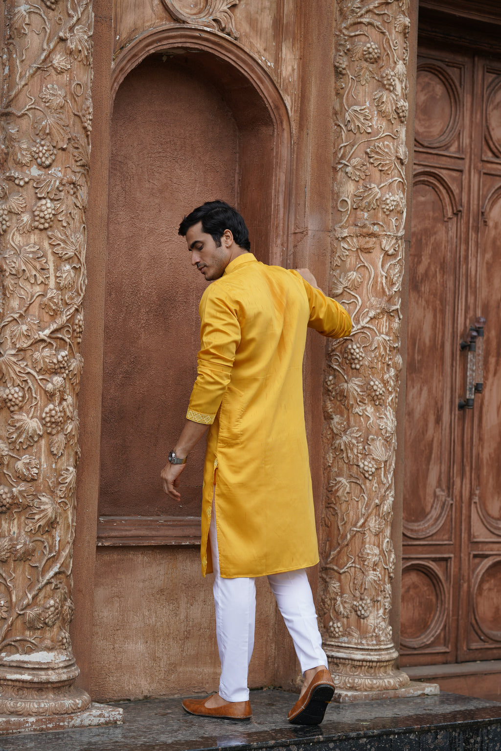 Mustard All-Over Mirror Embroidered Kurta Set for Men