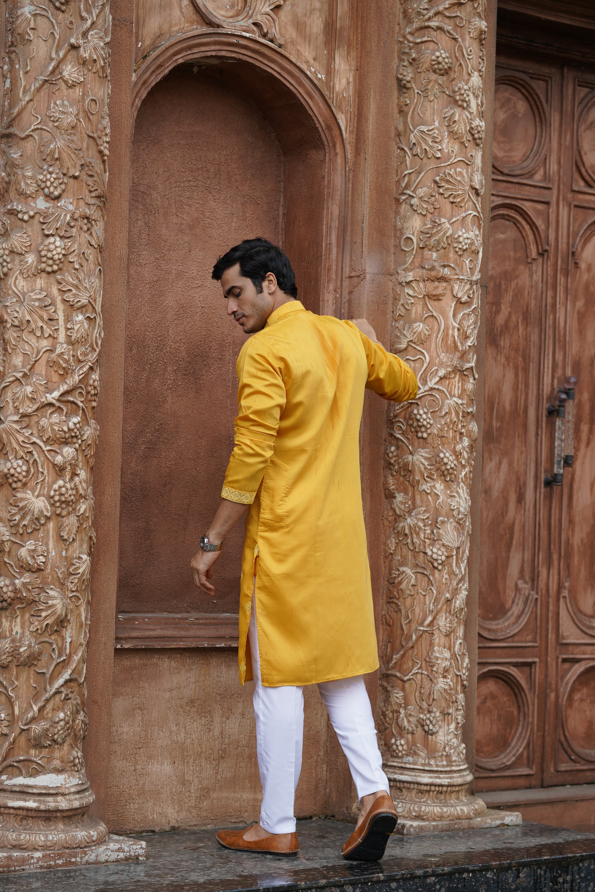 Mustard All-Over Mirror Embroidered Kurta Set for Men