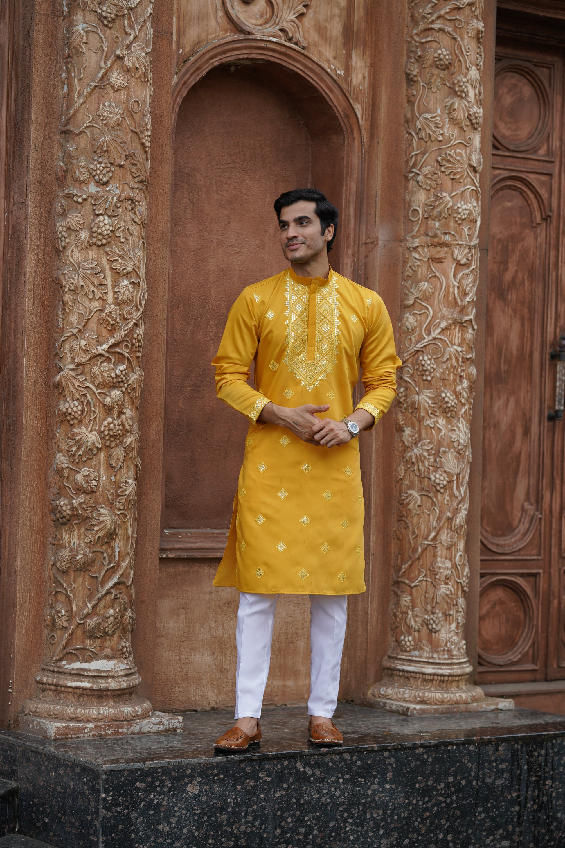 Mustard All-Over Mirror Embroidered Kurta Set for Men