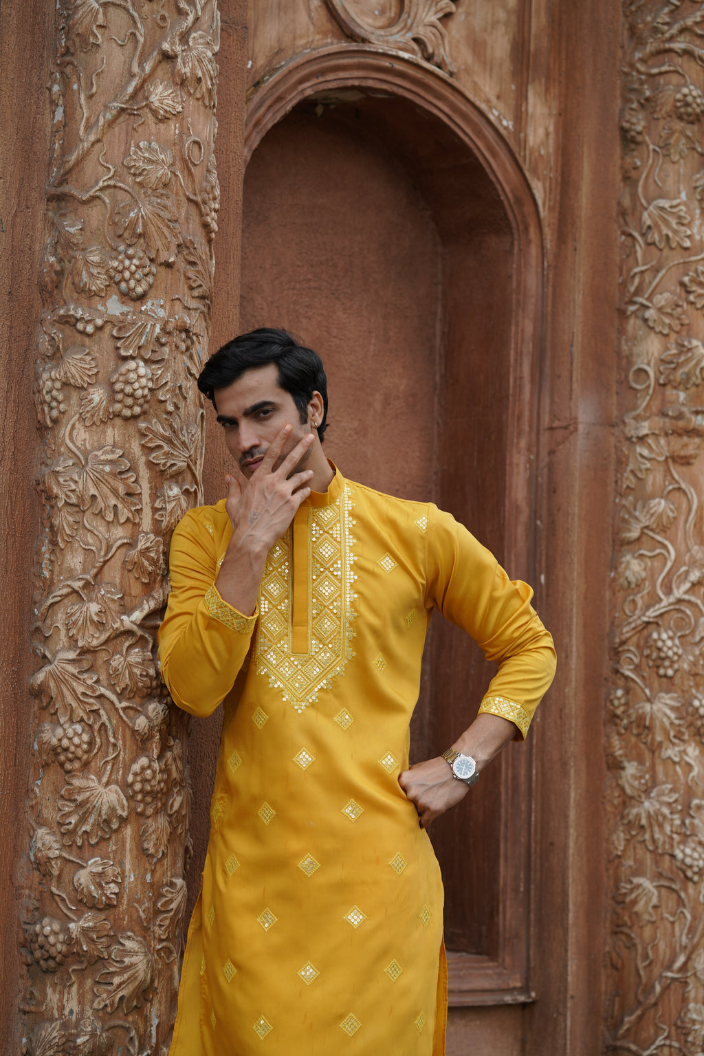 Mustard All-Over Mirror Embroidered Kurta Set for Men