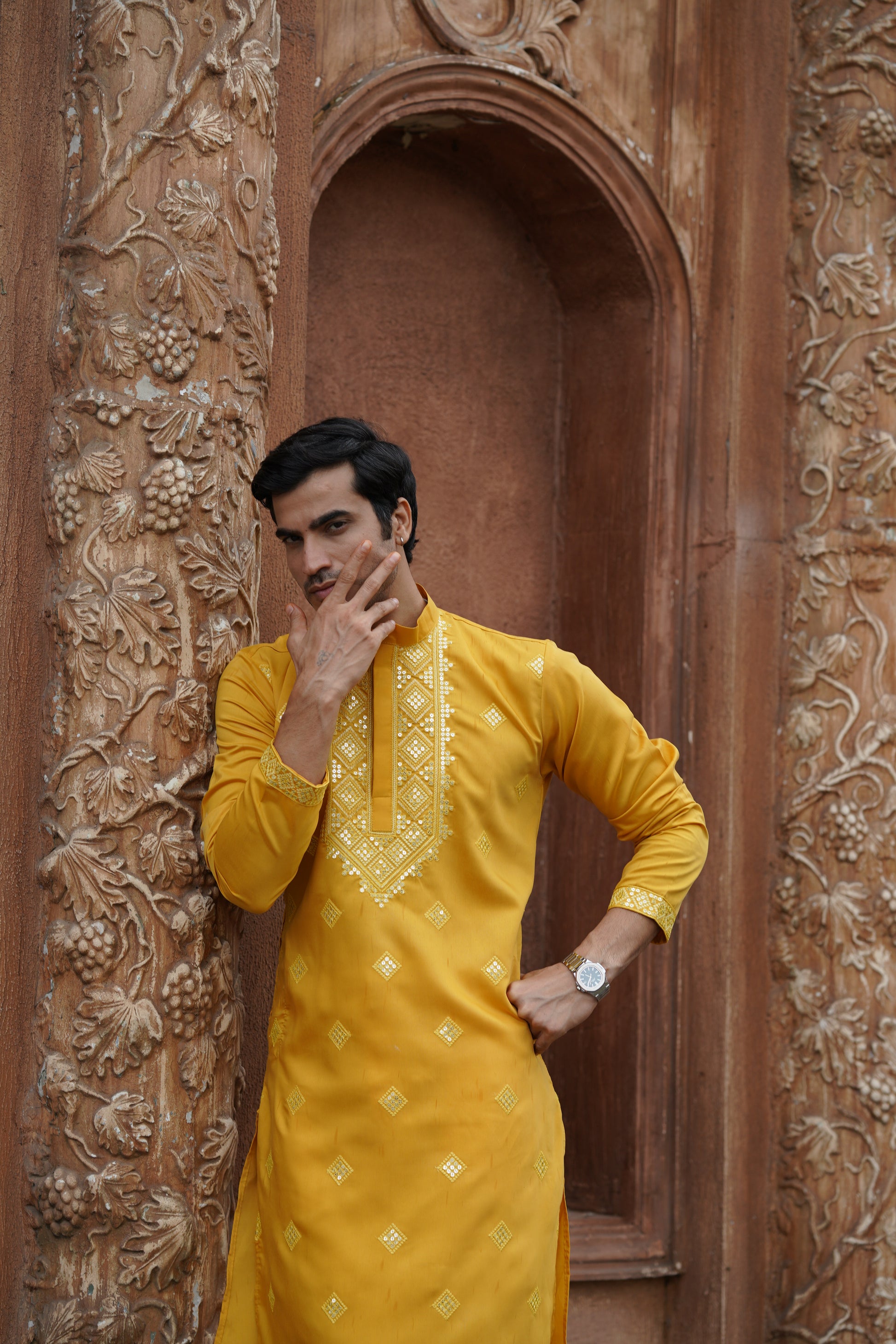 Mustard All-Over Mirror Embroidered Kurta Set for Men