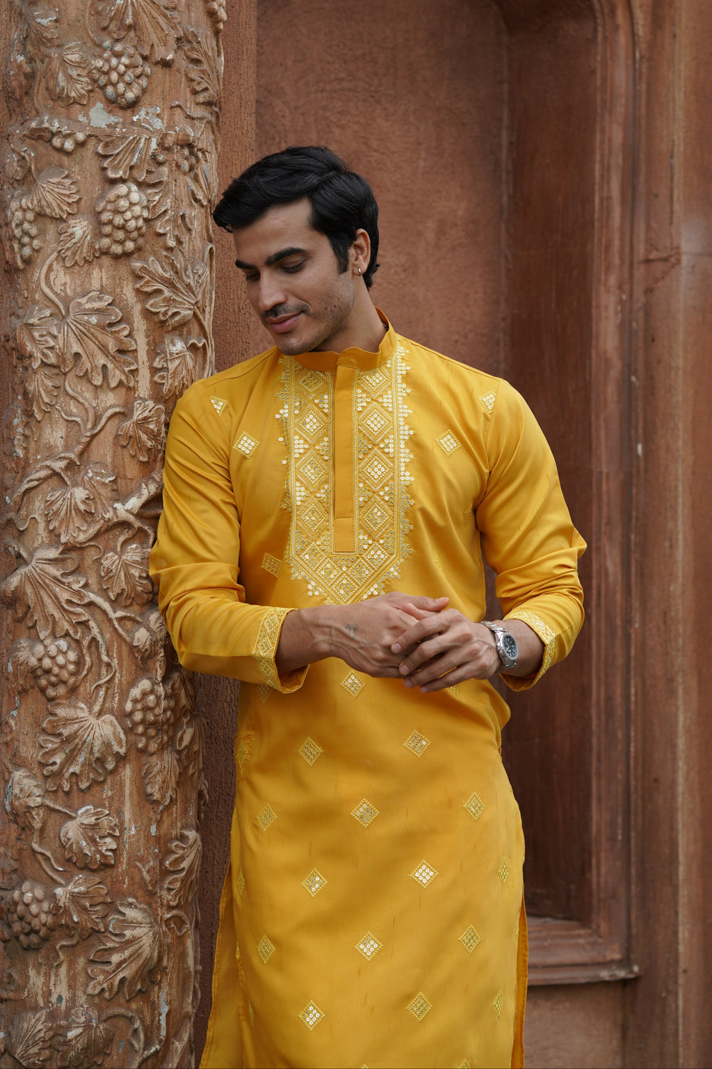 Mustard All-Over Mirror Embroidered Kurta Set for Men